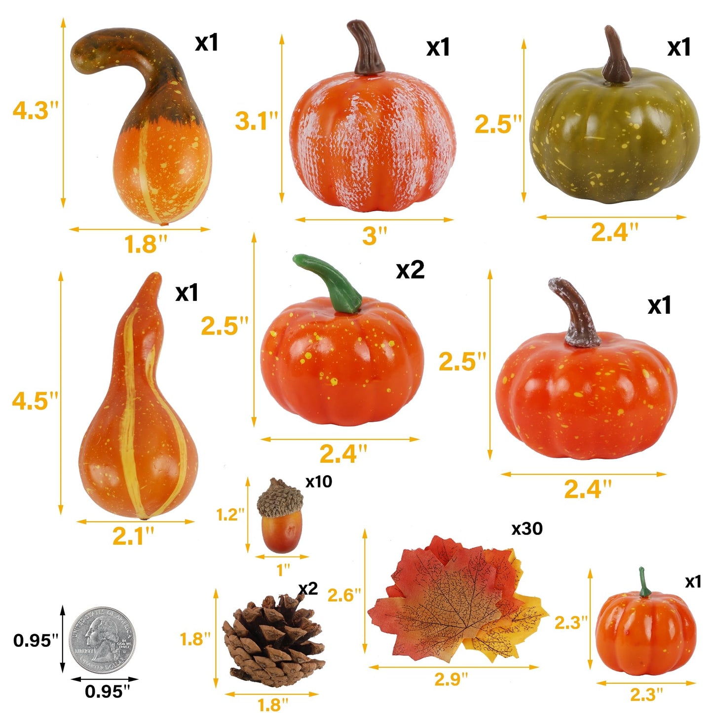 winemana Thanksgiving Fall Decorations for Home-6pcs Mini Pumpkins & 2pcs Gourds, 30pcs Leaves & 10pcs Acorns, 2pcs Pinecones Centerpiece Set-Harvest Decor for Table Mantel (Largest: 4.5" x 2.1")