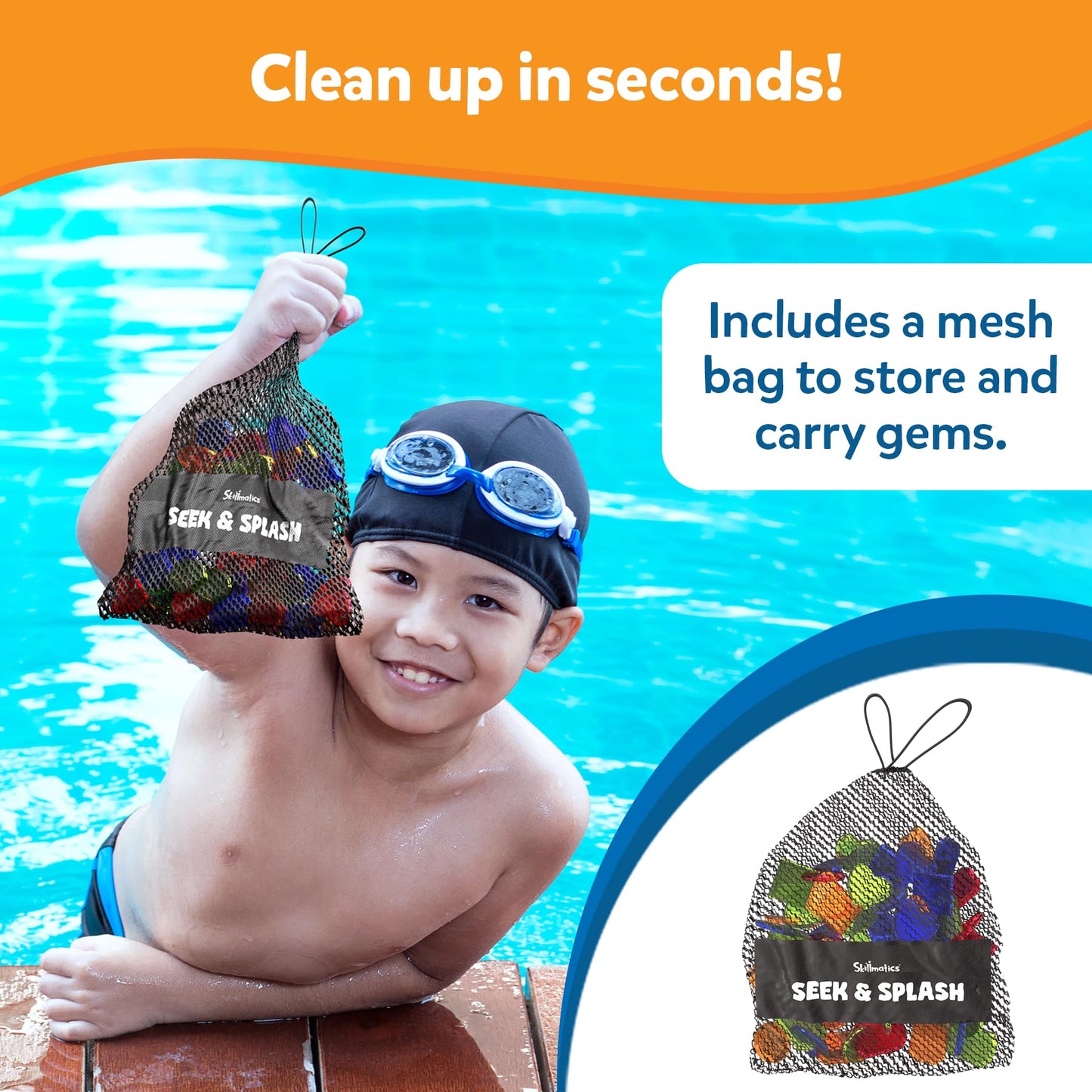 Skillmatics Pool Toys - Seek & Splash, Search & Find Water Game, Swimming Pool Dive Toy, Summer Activity, Screen-Free Fun & Gifts for Kids Ages 6, 7, 8, 9, 10, 11 & Up, Includes 64 Colorful Gems