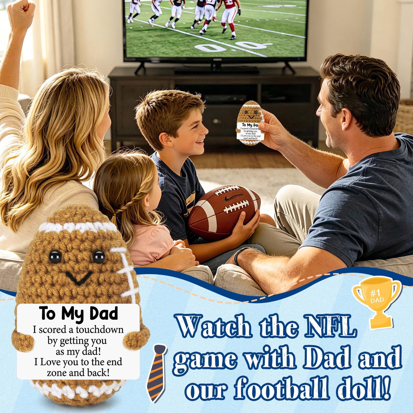Funny Fathers Day Dad Gifts from Daughter Son Wife, Positive Handmade Crochet Father's Day Birthday Gift for Dad, Cute Small Gifts for Dads, I Love You Papa Gift Idea, Unique Football Doll for Stepdad