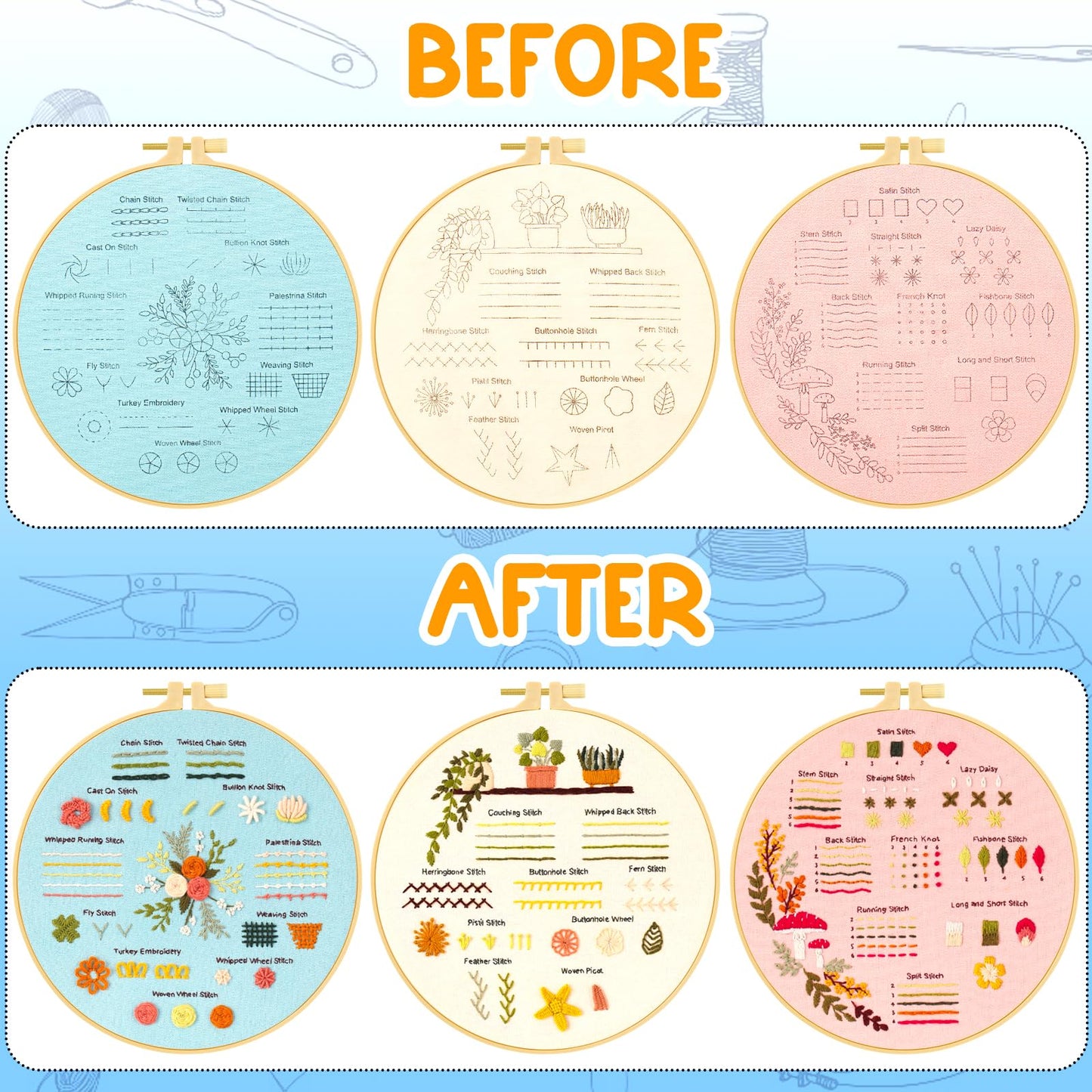 3 Sets Embroidery Kit for Beginners, Embroidery Kit for Adults with Follow Instruction, Cross Stitch Kits with Wooden Embroidery Hoops (Stlye B)