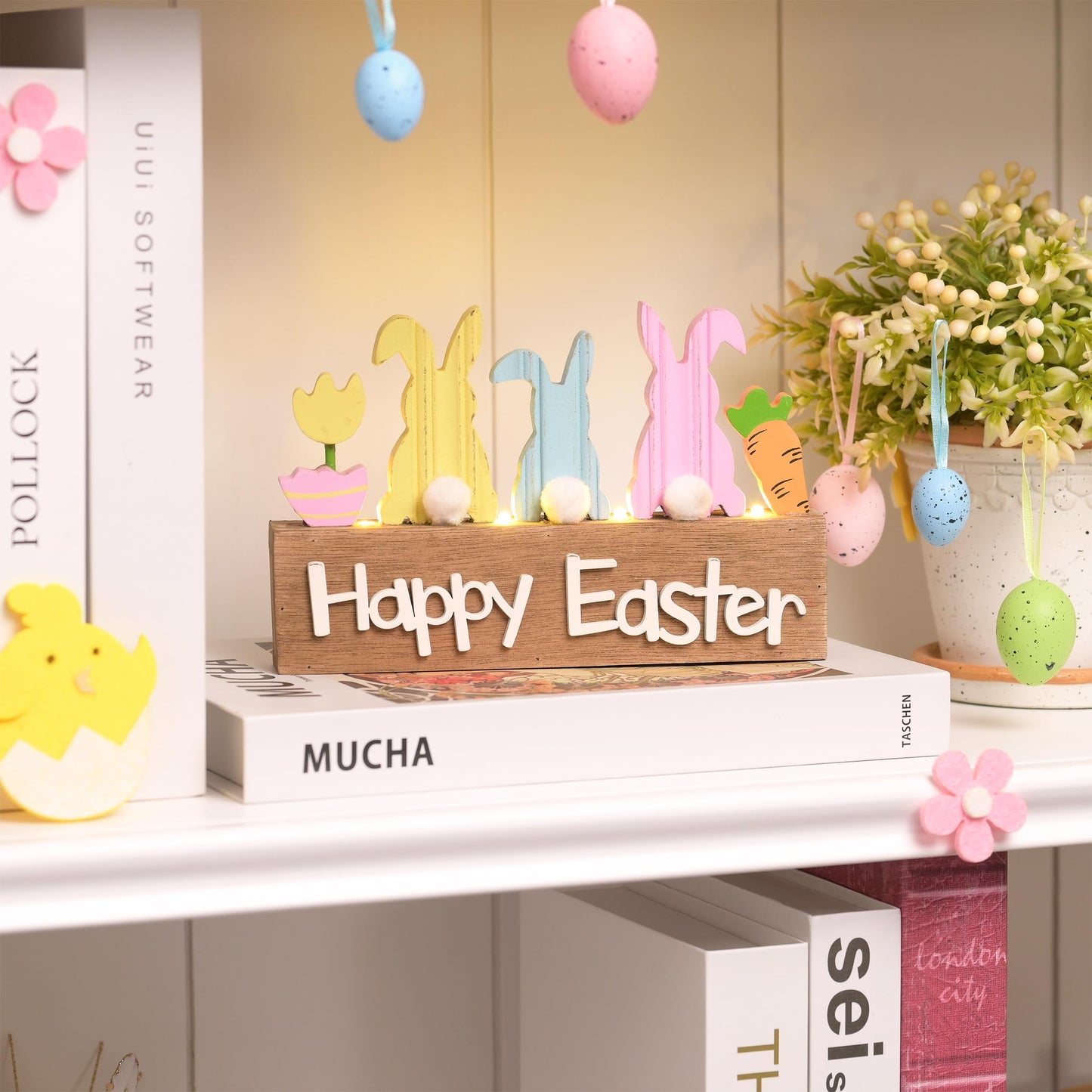Easter Decorations, Wooden Easter Decor for Table with LED Lights, Lighted Bunny Decorations for The Home Decor Shelf Tiered Tray Living Room, 8 Inch, Pink Blue