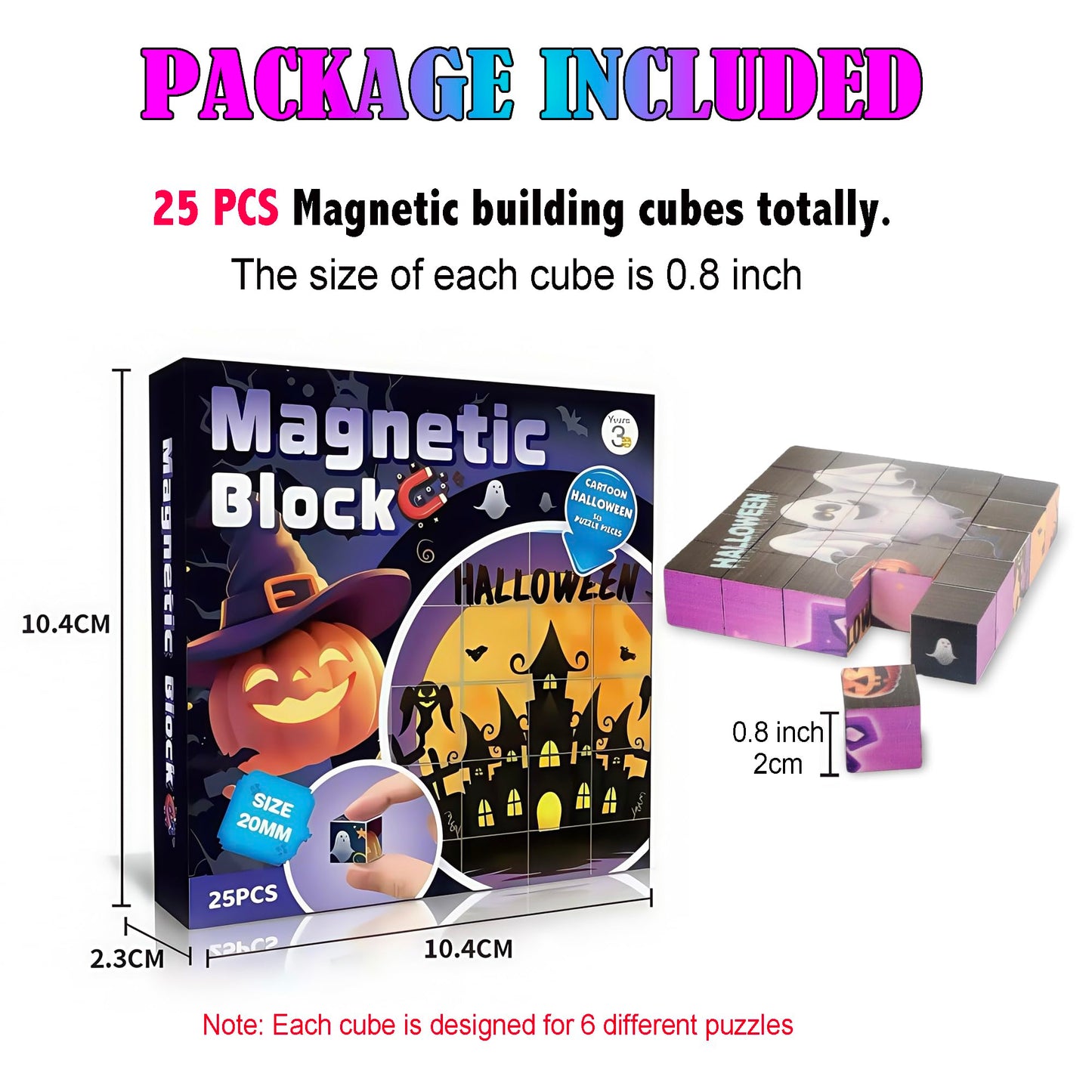 Magnetic Blocks Building Toy,Ritastar 25pcs Mine Stacking Magnet Build Cubes Cartoon Pattern World,STEM Sensory Construction Toys for Kids Gift,Educational Jigsaw Puzzle Set with 3D Halloween Designs