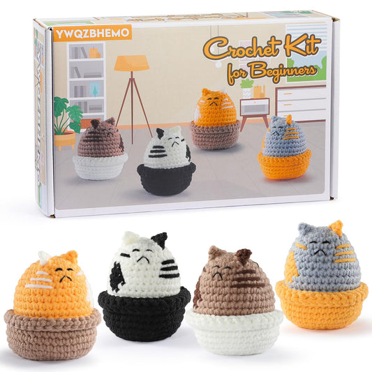 4 Colors Cats Crochet Kit for Adult, DIY This All in One Crochet Set for Beginners/Experts, Includes Enough Yarn, Hook, Step-by-Step Video Tutorials for Starters, Accessories