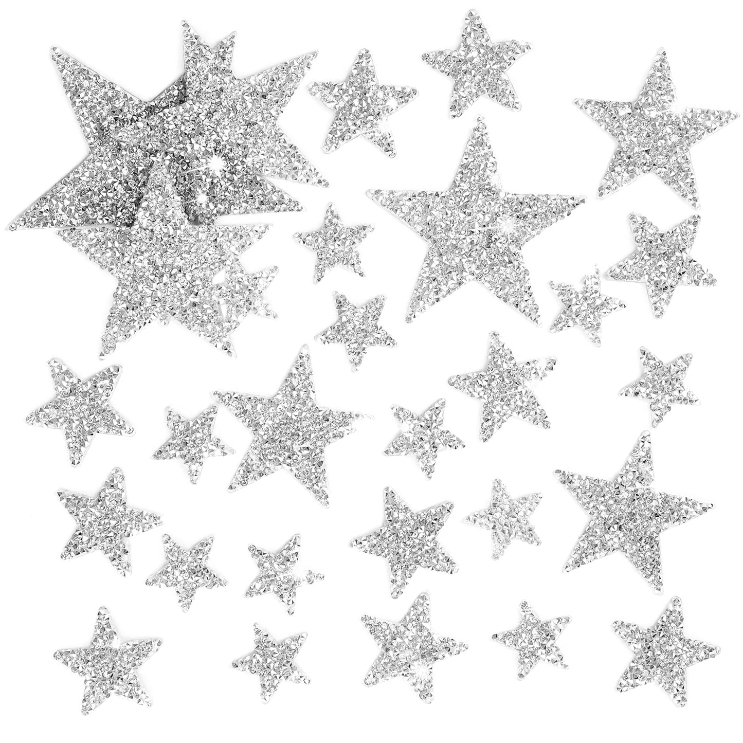 32Pcs Star Appliques Iron on Patches for Hats, Jeans, Clothing, Shirts, Iron on Glitter Star Applique, Rhinestone Stars Iron on Patches for DIY Crafts (Silver, Mixed Size)