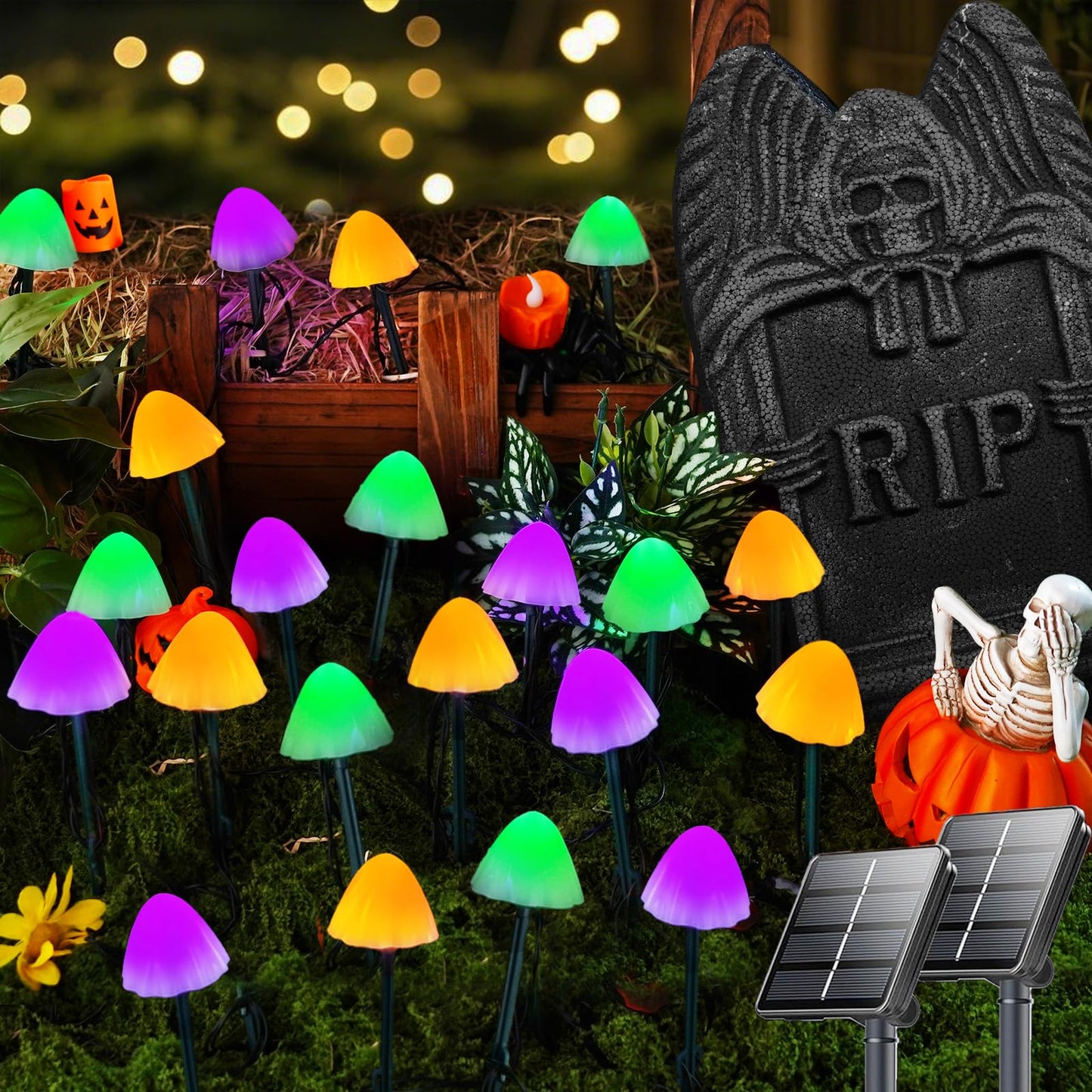 2PK 55FT 32LED Halloween Orange Purple and Green Solar Mushroom Lights Outdoor, Solar String Light with 8 Lighting Modes Auto On/Off, Halloween Garden Lights for Witch Decorations
