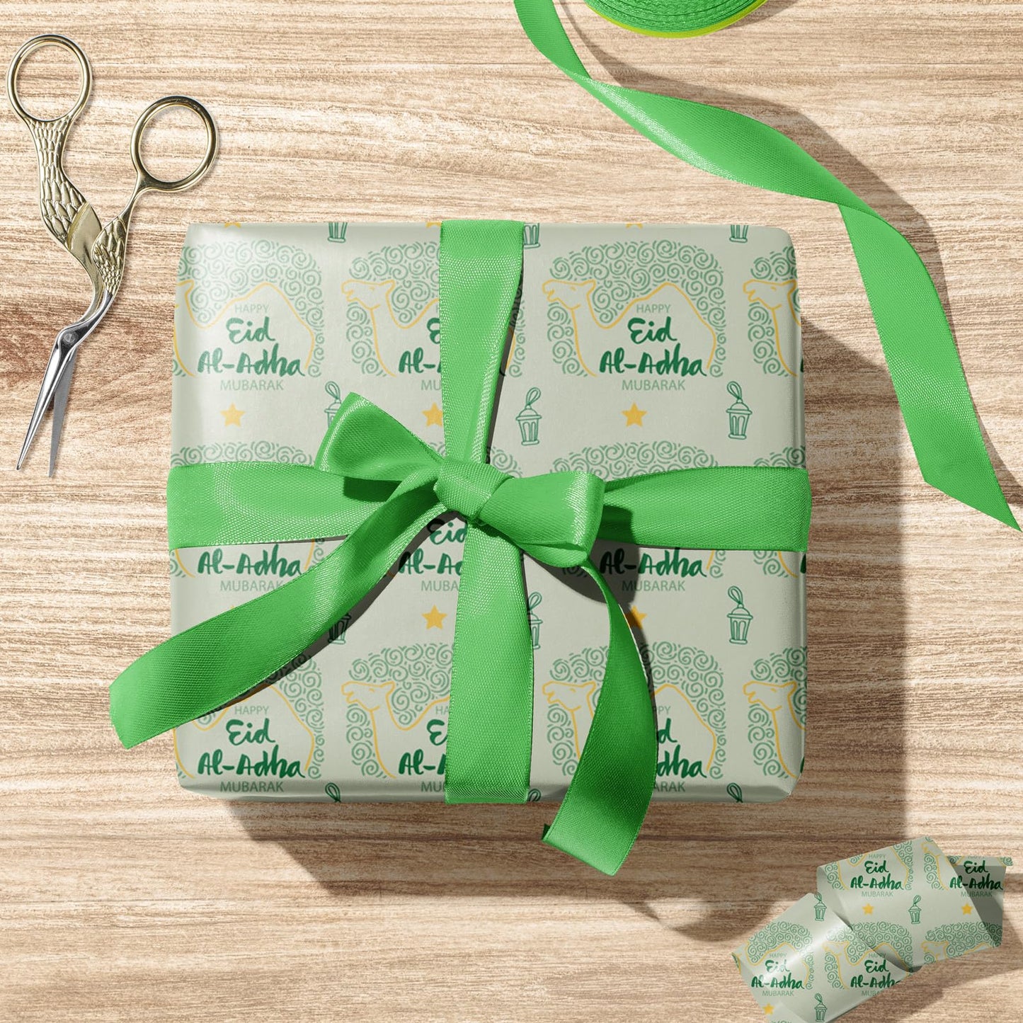 Eid Mubarak Wrapping Paper - Ramadan Kareem Gift Wrap with Mosque, Lantern & CamelDesigns - for Islamic Holidays & Party Decor - 20 x 29 Inches, 8 Folded Sheets, Easy to Store