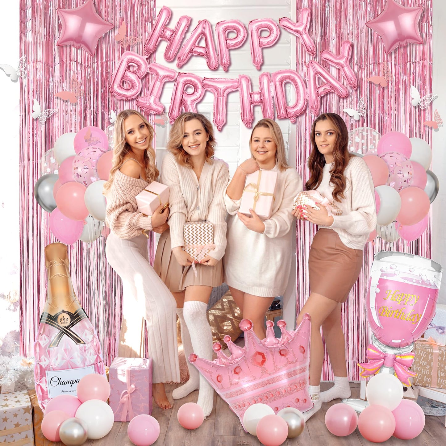 Amandir Pink Birthday Decorations for Women Girls, Silver Pink Confetti Foil Balloons Happy Birthday Banner Butterfly Fringe Curtains Cake Topper for Princess Party Supplies Decor