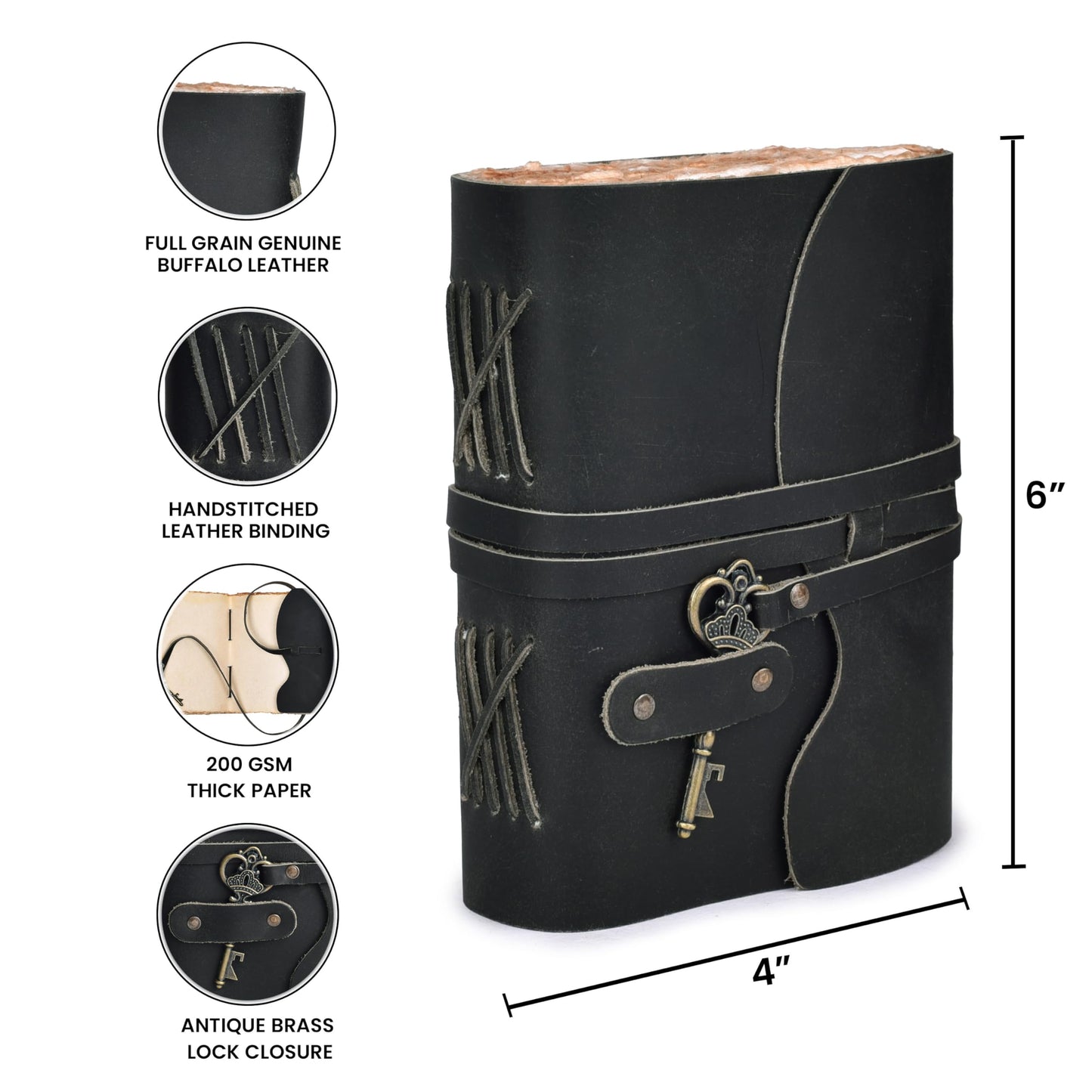 LEATHER VILLAGE Vintage Leather Journal – 200 Handmade Vintage Deckle Edge Paper – Leather bound Journal For Women Men – Vintage Key Closure - Book of Shadows - Black - 6X4 inches (A6)