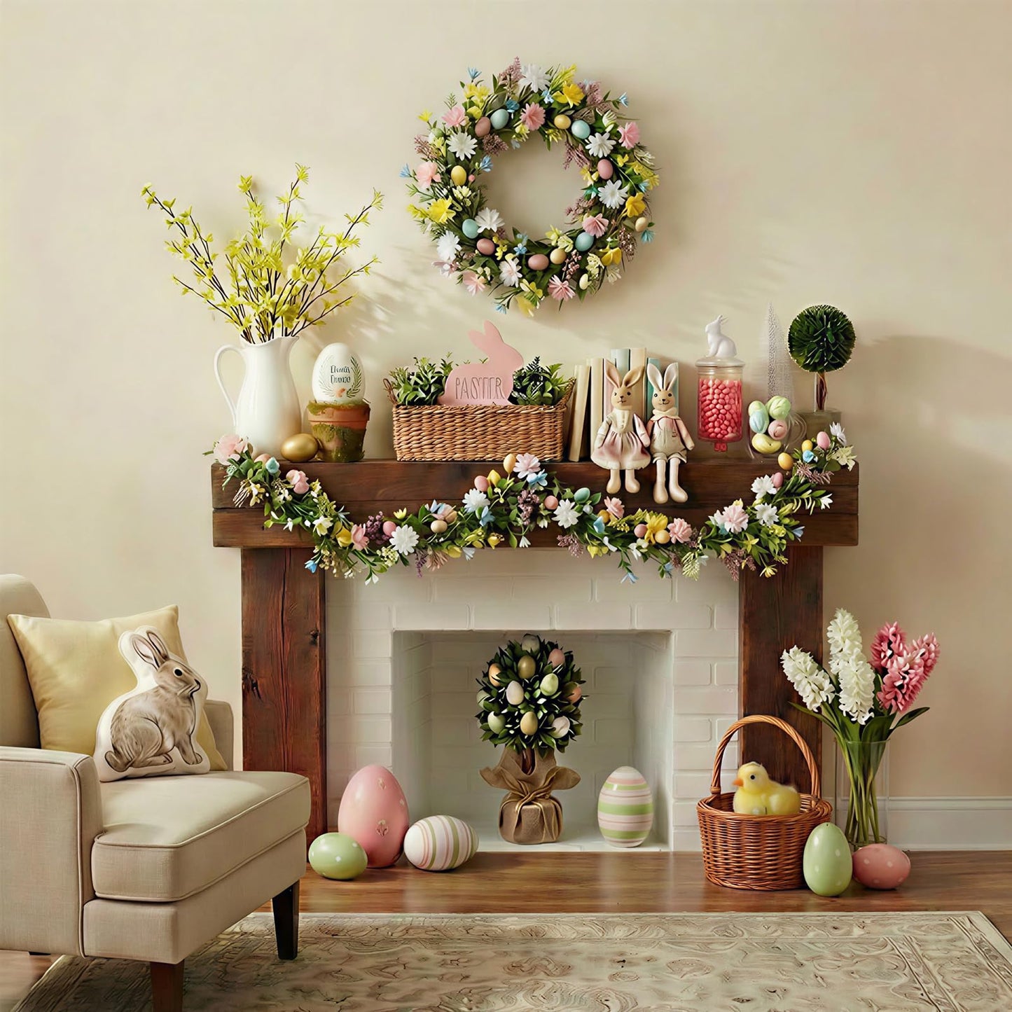 6 Ft Easter Garland, Easter Egg Garland for Mantle, Spring Summer Pastel Artificial Flower Garlands, Easter Decorations for Home Mantle Fireplace Indoor Decor