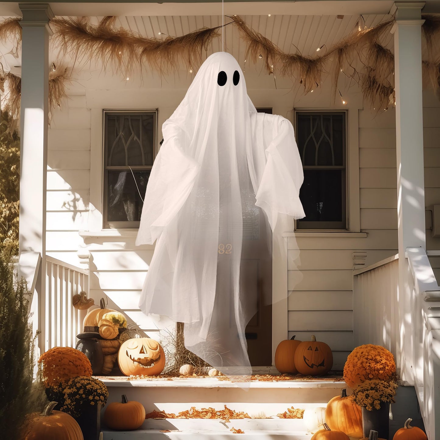 JOYIN Halloween Hanging Light up Ghost with Spooky Purple LED Light, 47” White Ghosts, Halloween Hanging Decoration for Front Yard Patio Lawn Garden Party Decor Indoor Outdoor