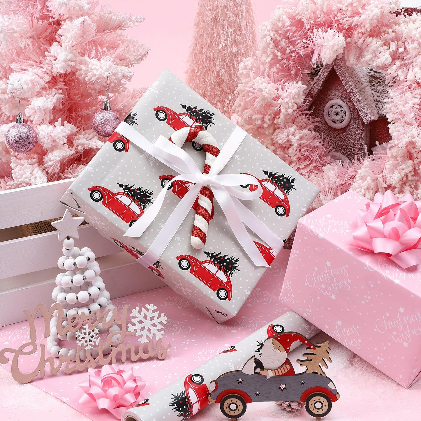 Reversible Wrapping Paper Roll, Mini Roll, Christmas Red Car and Christmas Wishes Pattern Gift Wrap Paper for Kids, Friends, Family, Xmas, Party, Holiday, 17.5 Inches X 32.8 Feet