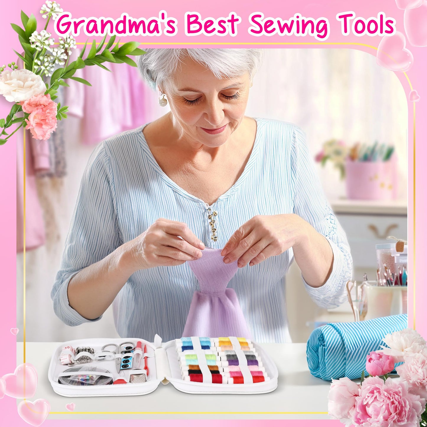Sewing Kit Mothers Day Gifts for Grandma Women Nana, Sewing kit Small Portable Sewing Supplies Accessories with Carrying Case Contains Thread, Needle, Scissors, Measure Tape, Thimble