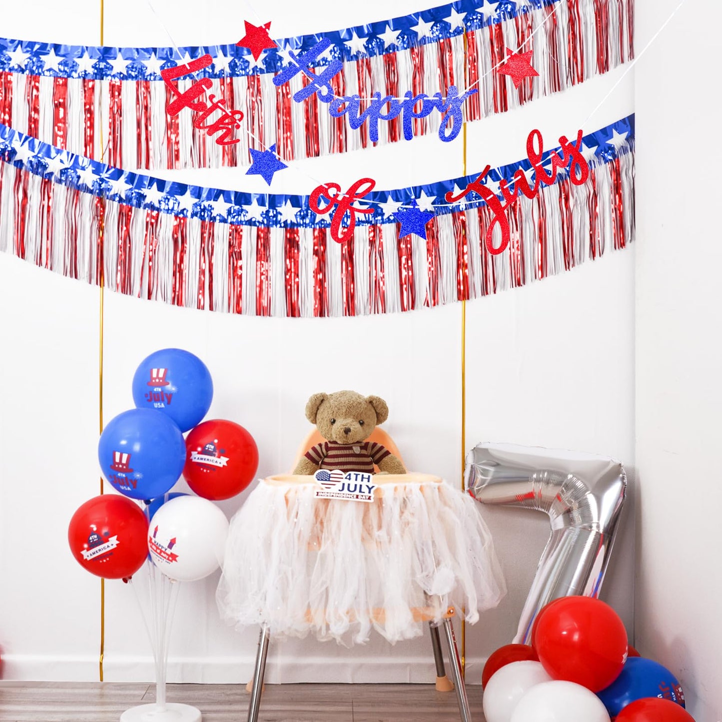 Mega-L 4th of July Decorations 2 Pack 40 Feet Foil Fringe Garland Tinsel Streamers, Red White and Blue Star Metallic Hanging Backdrop Banner Table Skirts for Parade Floats Memorial Day Patriotic Party