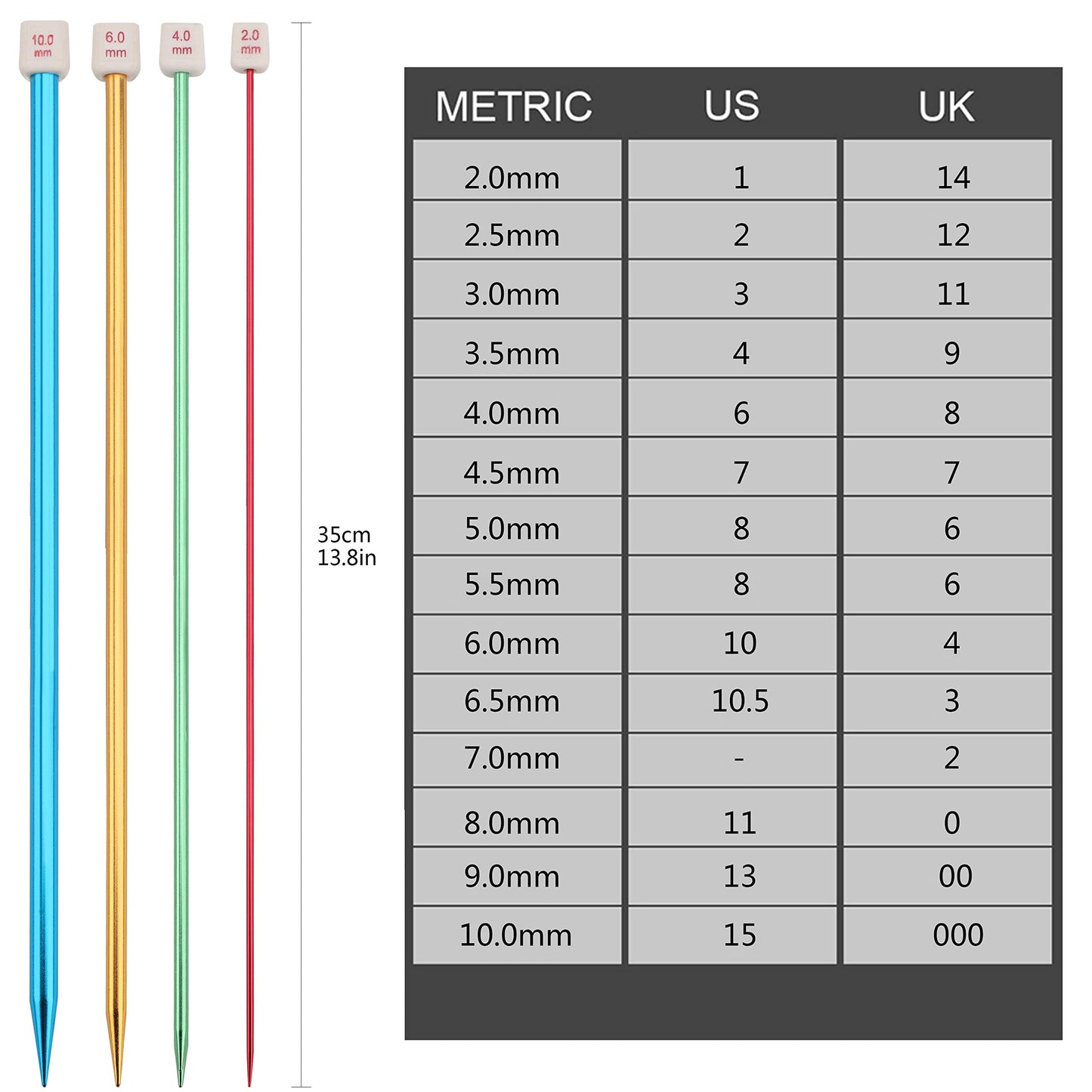 BCMRUN 28Pcs/14 Pairs Stainless Steel Knitting Needles Set, Colored Straight Single Pointed Metal Knitting Needles, 14 Size from 2.0mm-10.0mm, 13.8 Inches Length for Handmade DIY Knitting (35cm)