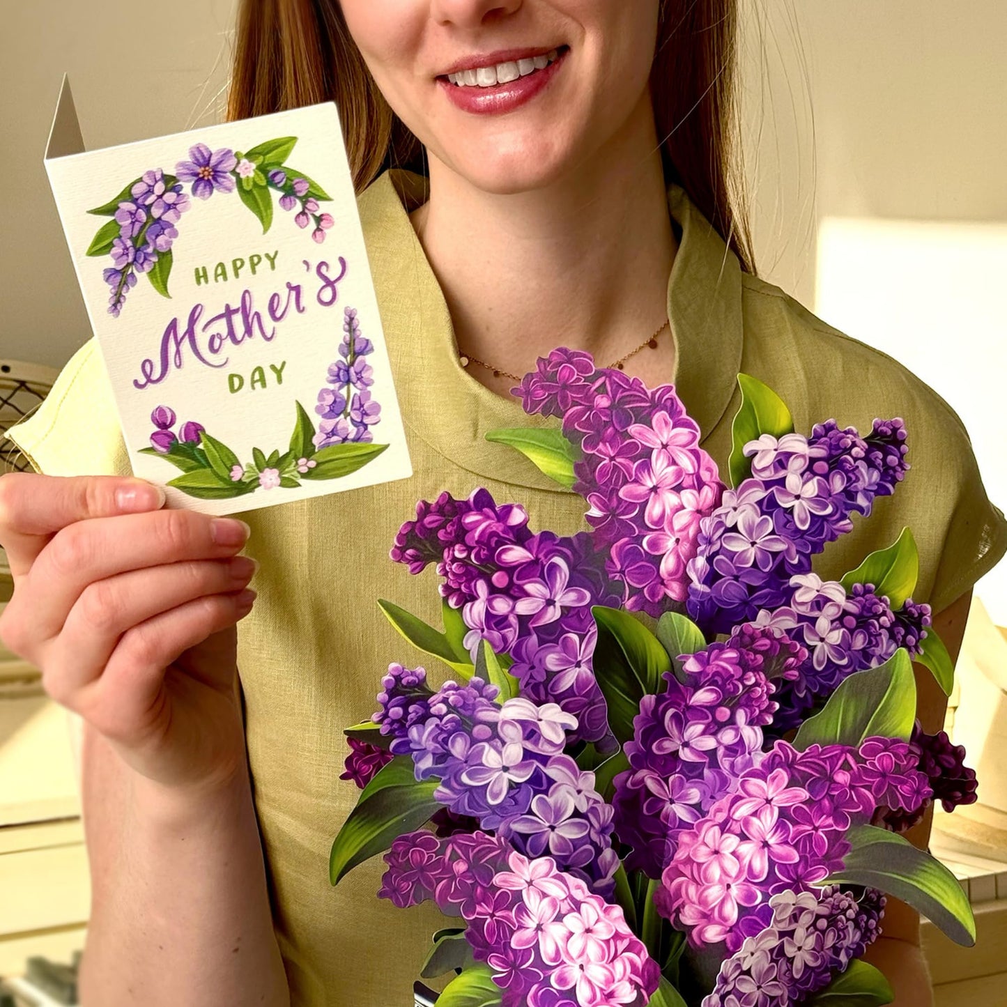 Freshcut Paper Mother's Day Garden Lilacs Pop Up Cards, 12 Inch Life Sized Forever Flower Bouquet 3D Popup Greeting Card, Birthday Cards, Mother's Day Card, Blank Notecard & Envelope