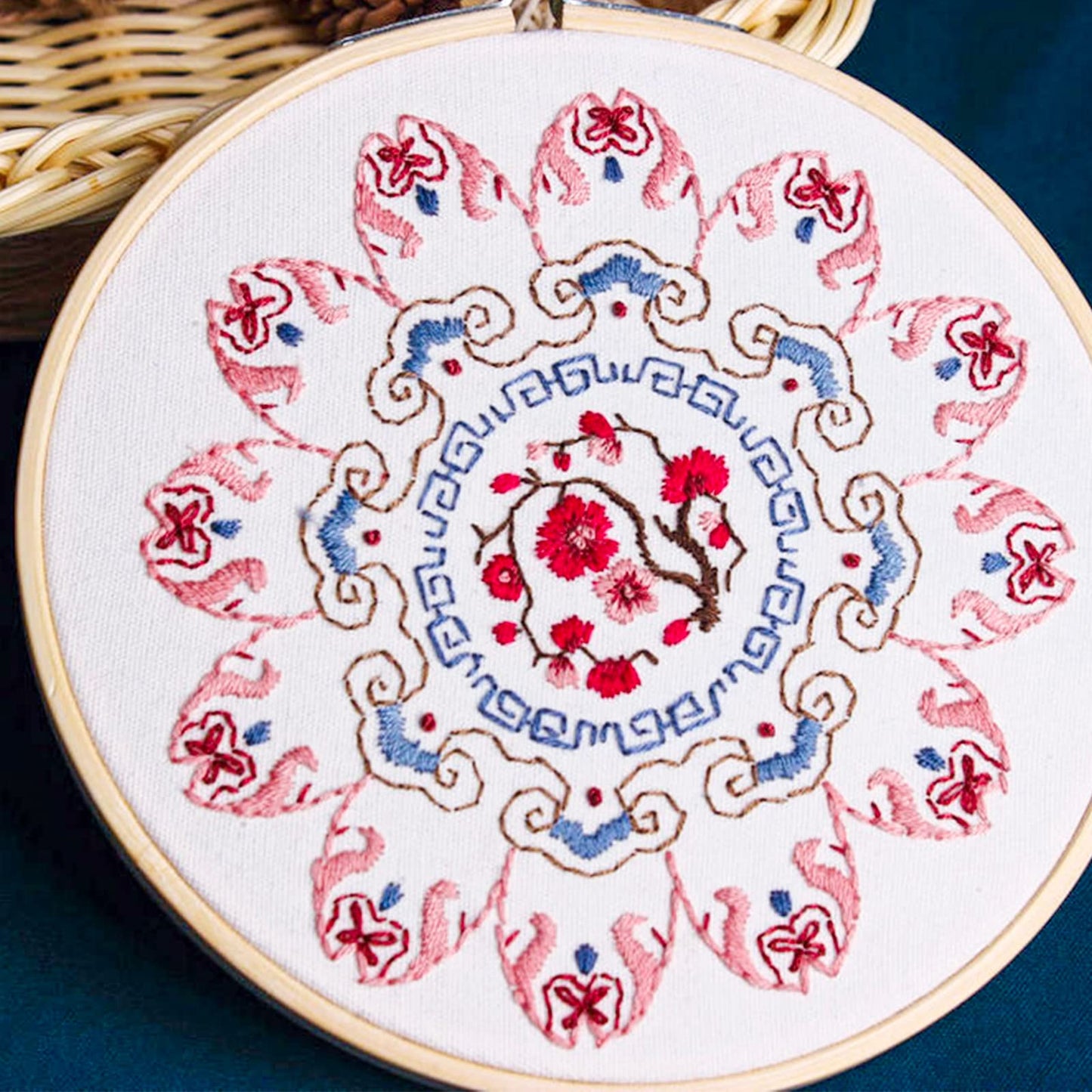 4 Mandala Embroidery Starter Kit with Instruction Plum Blossom Chrysanthemum Orchid Lotus Needlepoint Cross Stitch Kit with Embroidery Hoop Threads Needle Scissors for Beginners DIY Craft