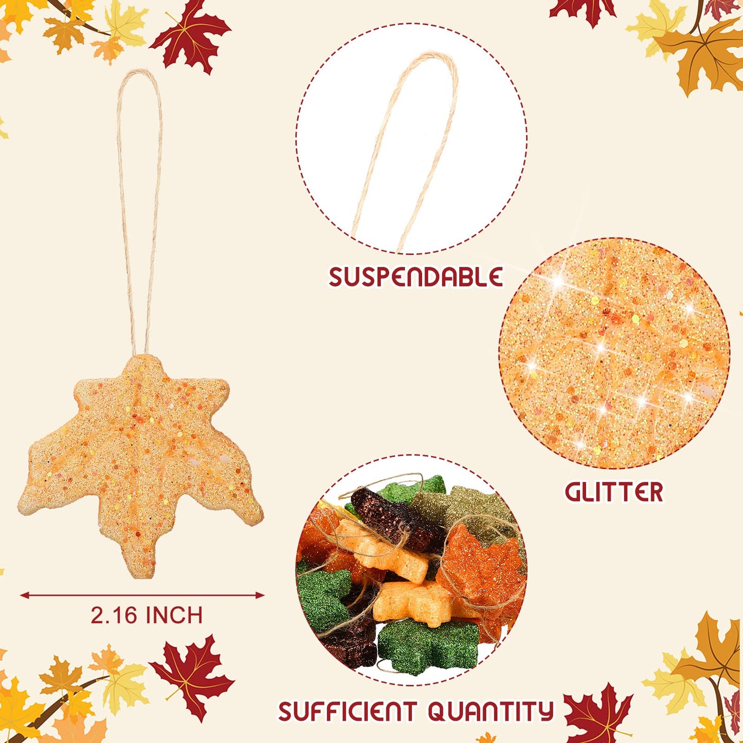36 Pcs Thanksgiving Maple Ornaments Fall Glitter Leaf Hanging Decor Mini Leaf Tree Ornaments for Thanksgiving Day Autumn Anniversary Party Decoration(Maple
