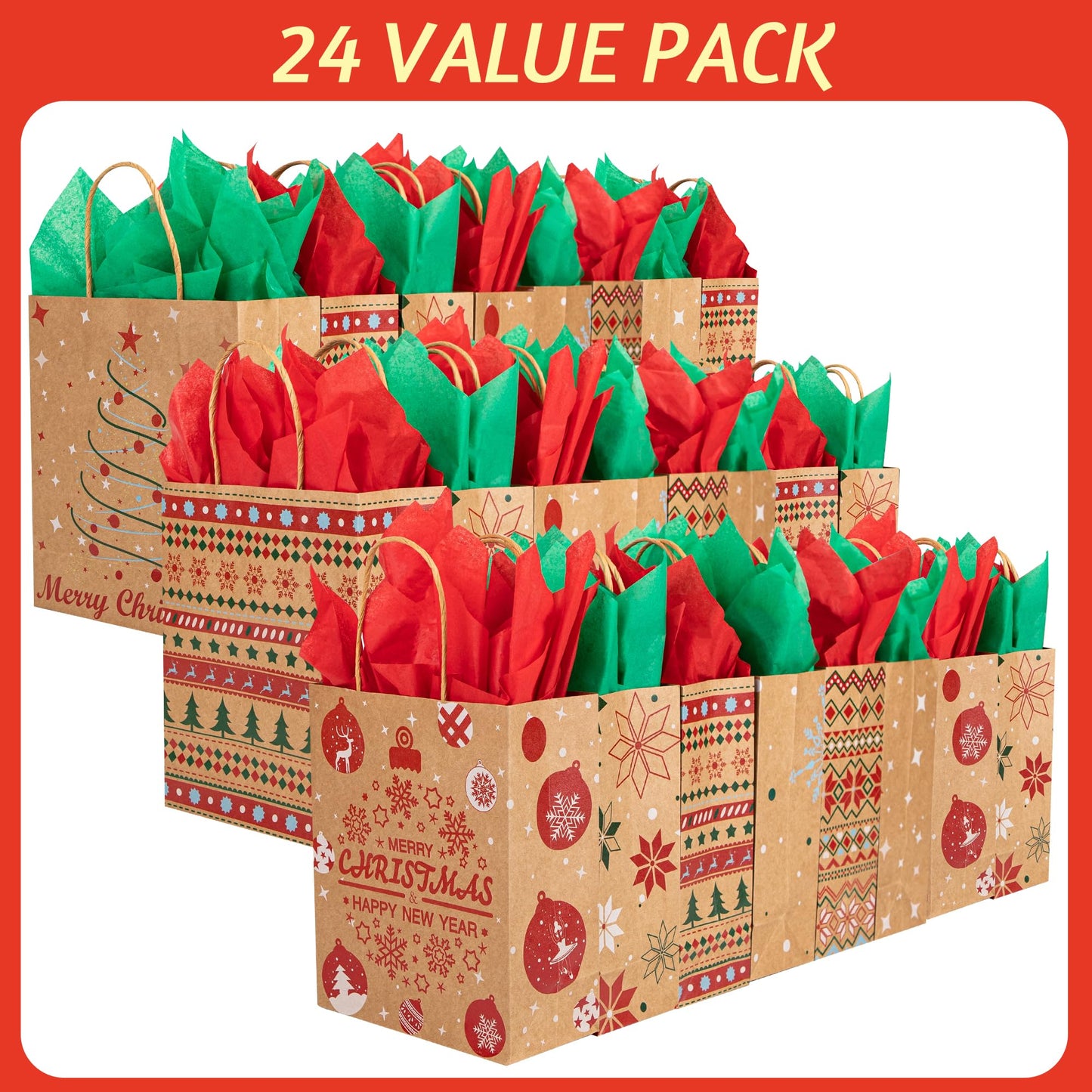 24 Christmas Kraft Gift Bags 7x 8.6 x 3 with 24 Tissue Papers for Xmas Exchange, Party Favors Paper Goodie Bags, Assorted Christmas Bags, Treat Bags