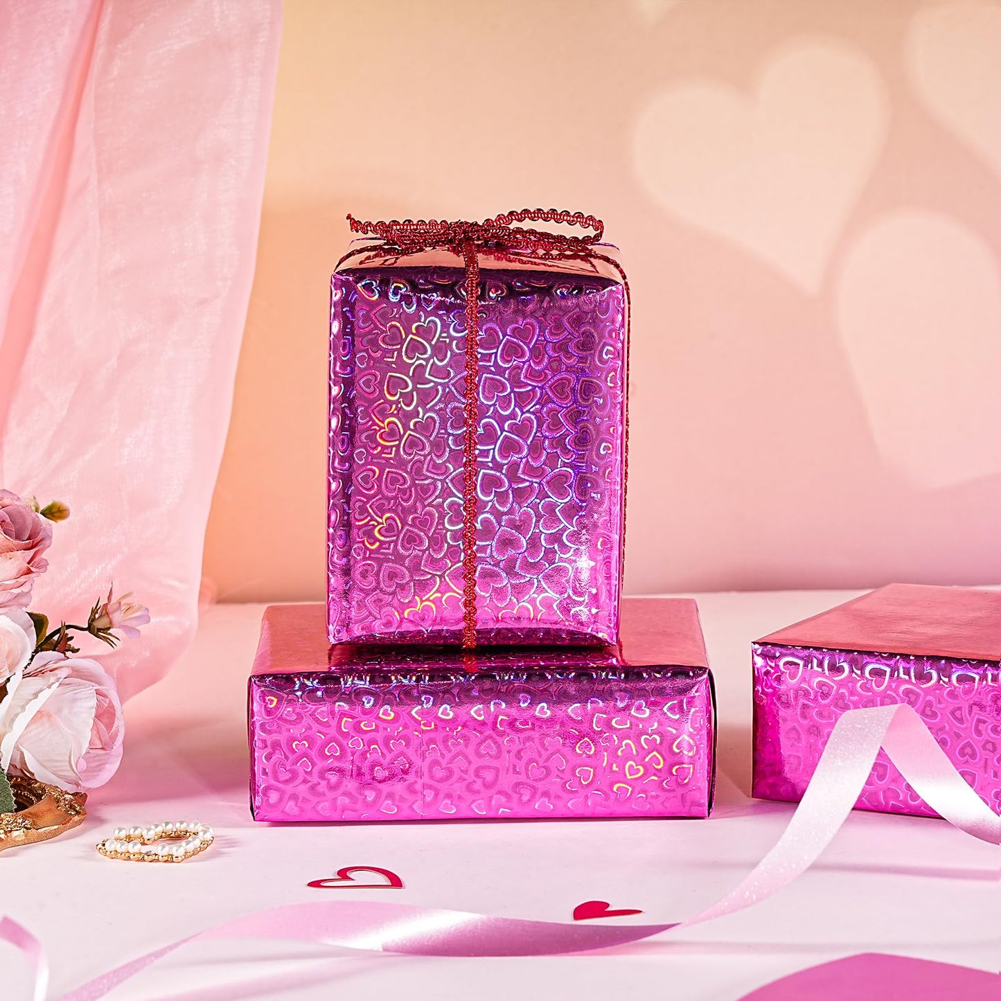 Heart Wrapping Paper Roll - Mini Roll - 17 Inch x 16.5 Feet - Hot Pink Little Heart Metallic Holographic Wrapping Paper for Valentines Day, Birthday, Wedding, Baby Shower, Bridal Shower