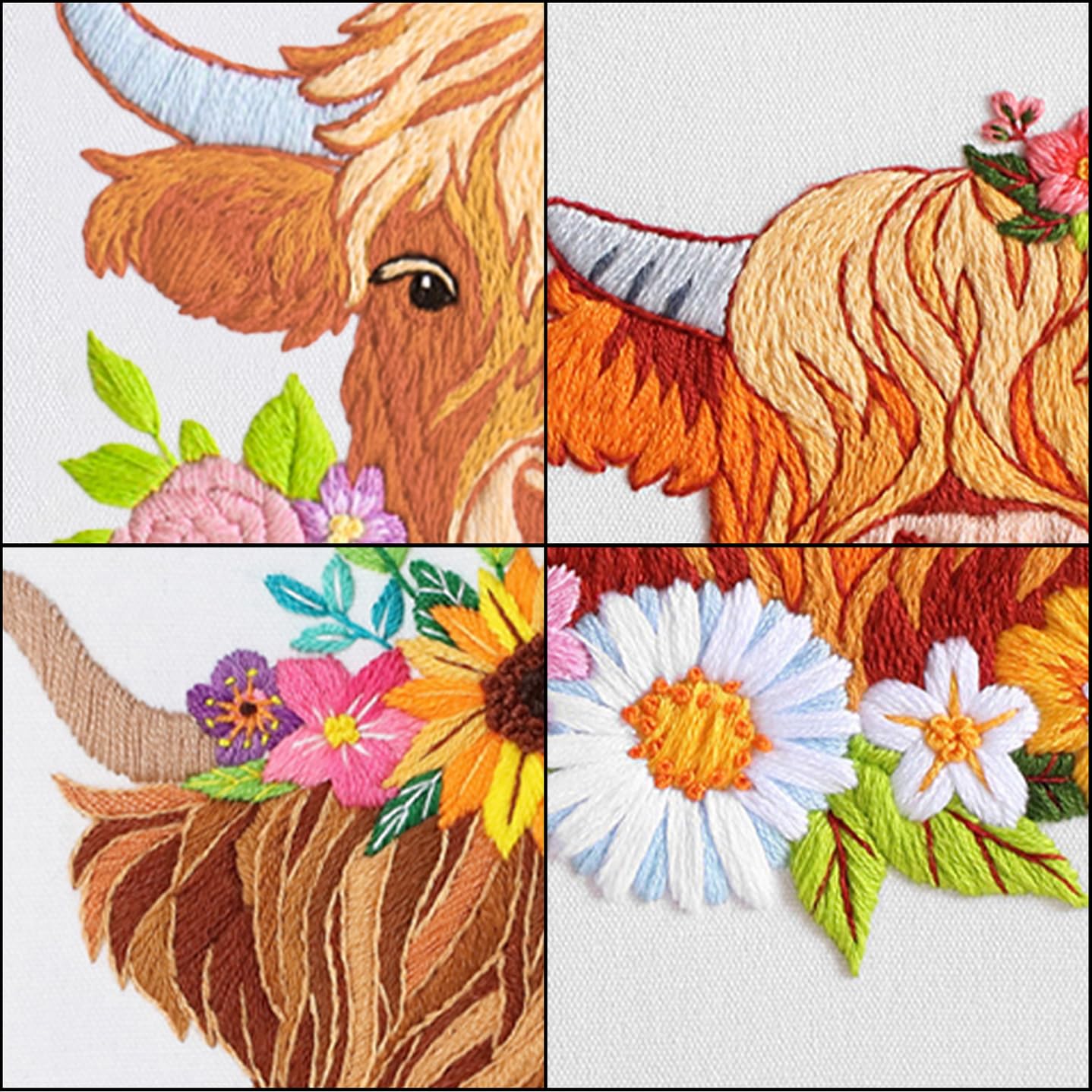 3 Sets Embroidery Kits for Beginners,Cross Stitch Kit for Adults,Starters DIY Needlepoint Including Hoop -Highland Cow and Florals Pattern