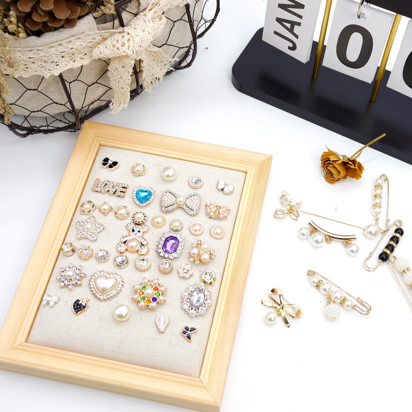 65Pcs Charms for Socks Safety Pin Brooch junk socks charms Brooches and Pins for Women Junk Socks Charms Pins Safety Pin Charms for Socks Pearl Rhinestone Brooch Pins Buttons Shoe Sock Charms Kit