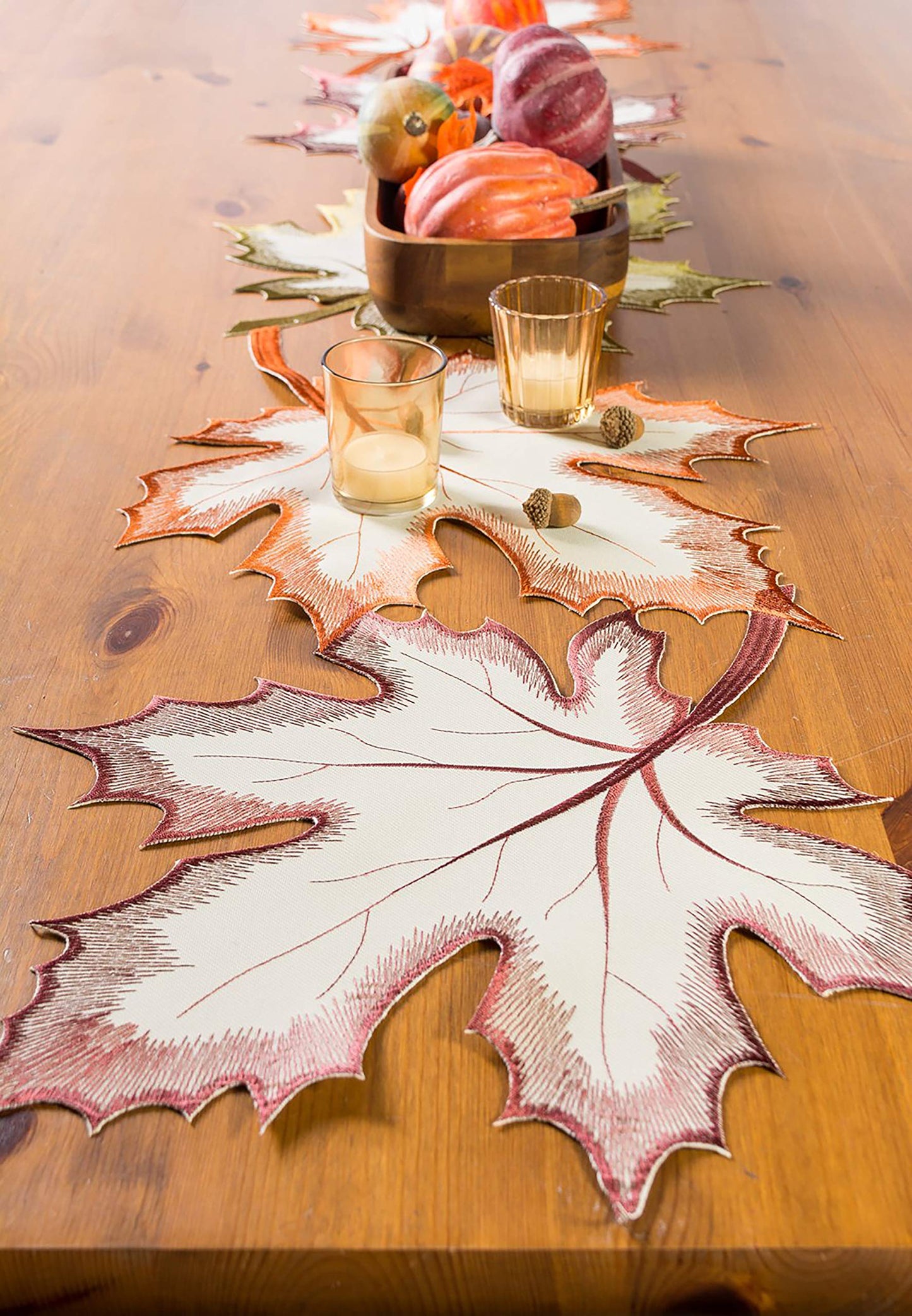 Fall Table Decorations Indoor Décor, Thanksgiving, Table Runner, 14x70, Embroidered Cut Work Leaves