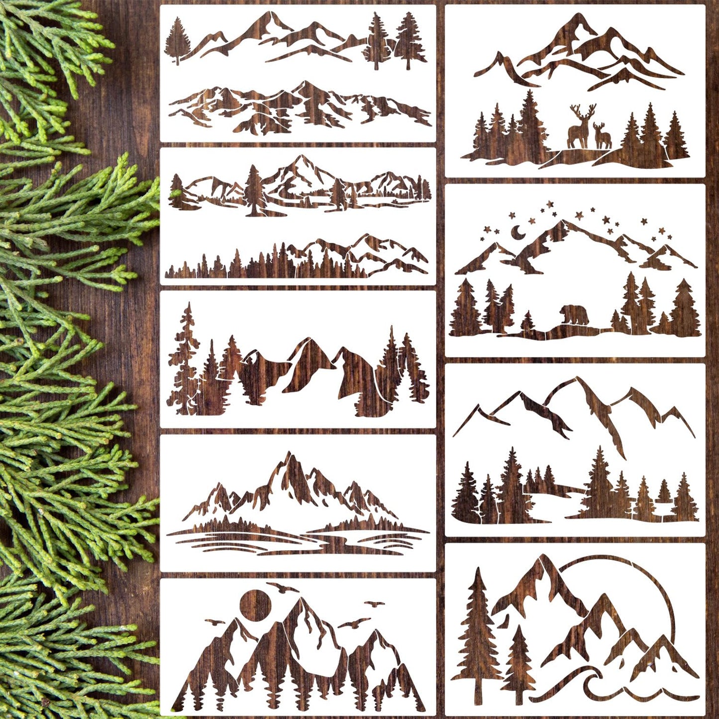 Mountain Stencils for Painting Forest Tree Stencil Animal Wood Burning Stencils and Patterns Reusable Drawing Templates for Fabric Furniture Wall DIY Crafts