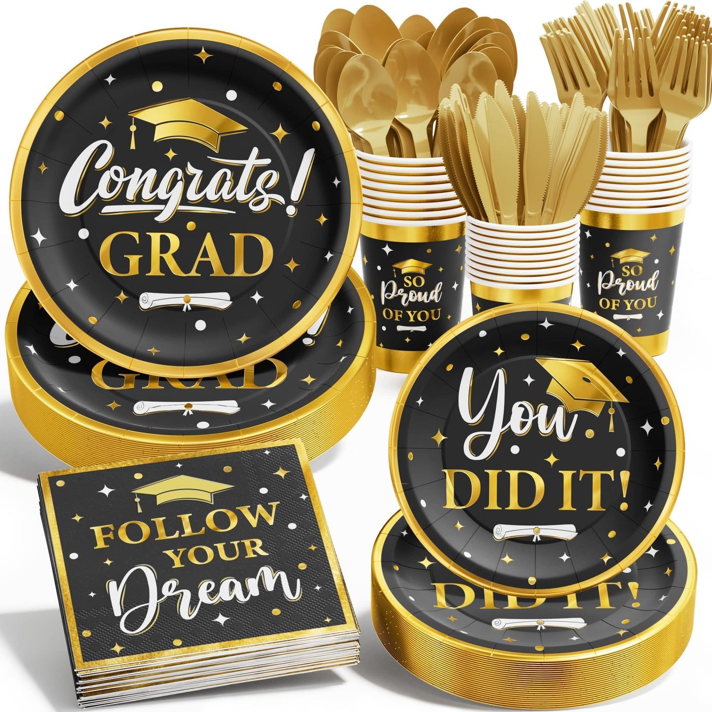 Ecomore Graduation Decoration Class of 2026, 175PCS Graduation Party Supplies Disposable Dinnerware(Serve 25) with Paper Plates Cup Napkin Fork Knife Spoon College High School Grad Decor(Black & Gold)