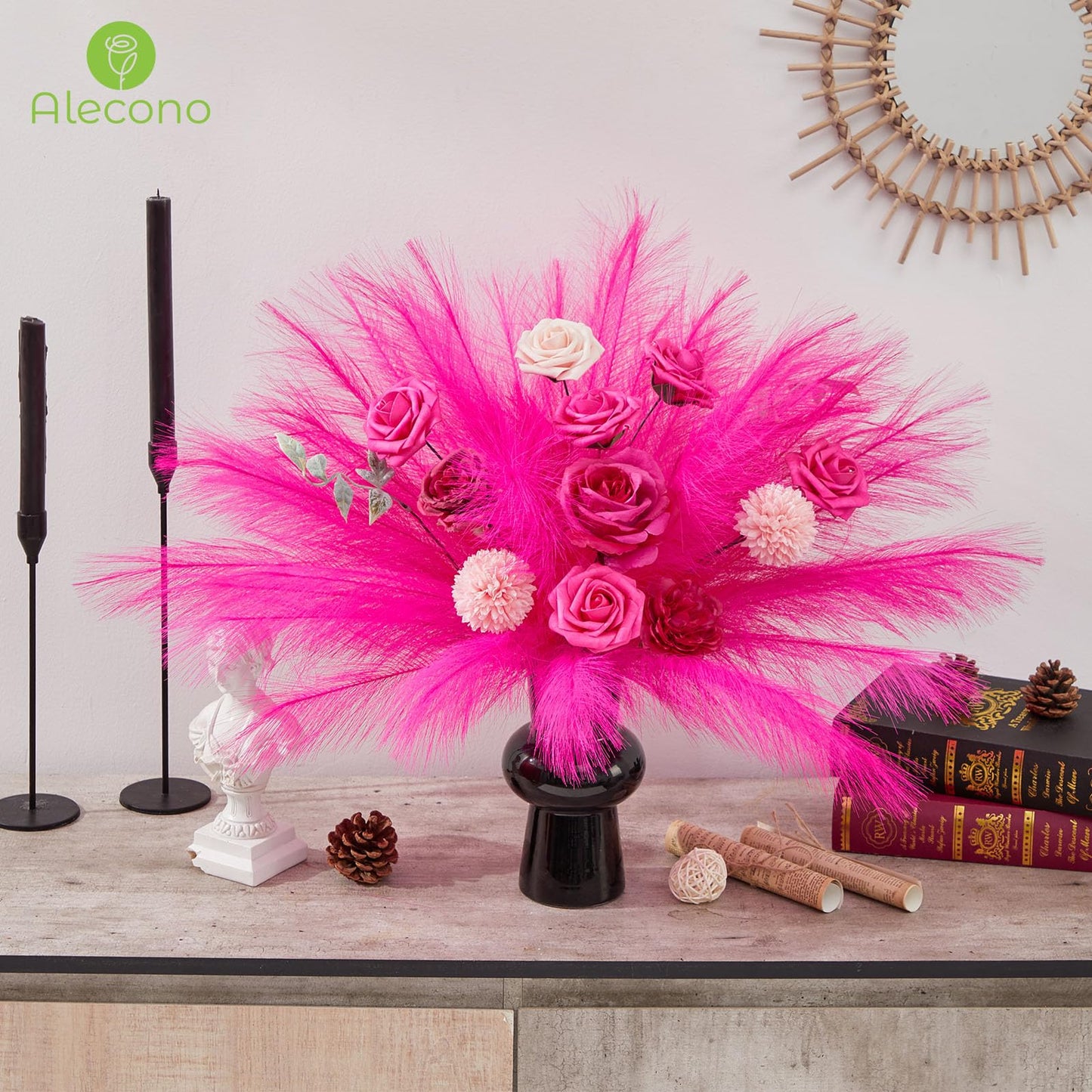 Alecono Hot Pink Pampas Grass 17in 𝟯𝟬𝙋𝙘𝙨, Artificial Faux Fluffy Pampas Grass Decor for Home Wedding Centerpieces Party