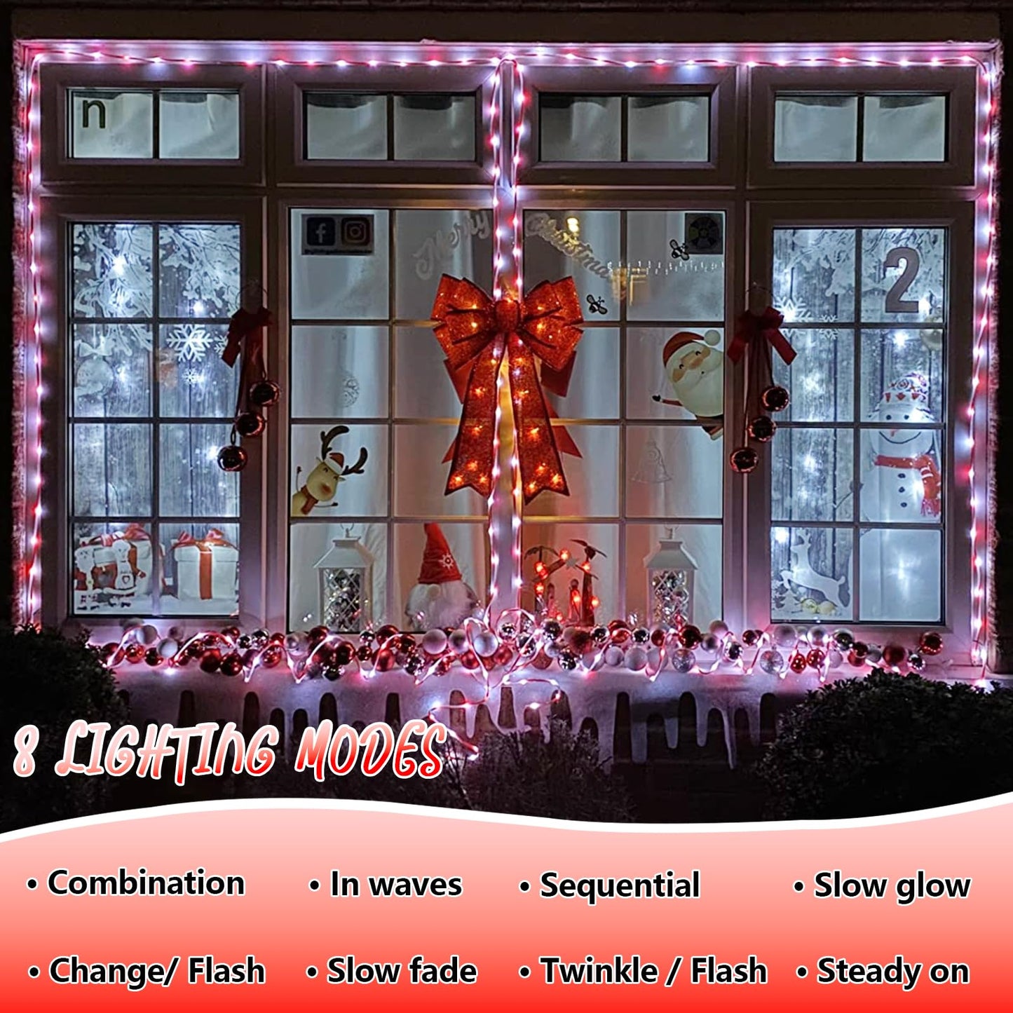 Solar Christmas Candy Cane Rope Lights, 2 Packs Each 33ft 100 LED Red & White Solar Rope Light Outdoor Waterproof Decorations String Tube Lights