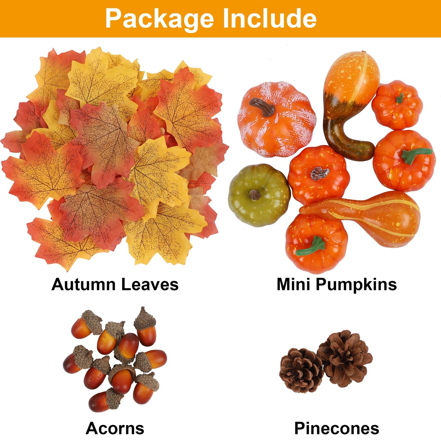 winemana Thanksgiving Fall Decorations for Home-6pcs Mini Pumpkins & 2pcs Gourds, 30pcs Leaves & 10pcs Acorns, 2pcs Pinecones Centerpiece Set-Harvest Decor for Table Mantel (Largest: 4.5" x 2.1")