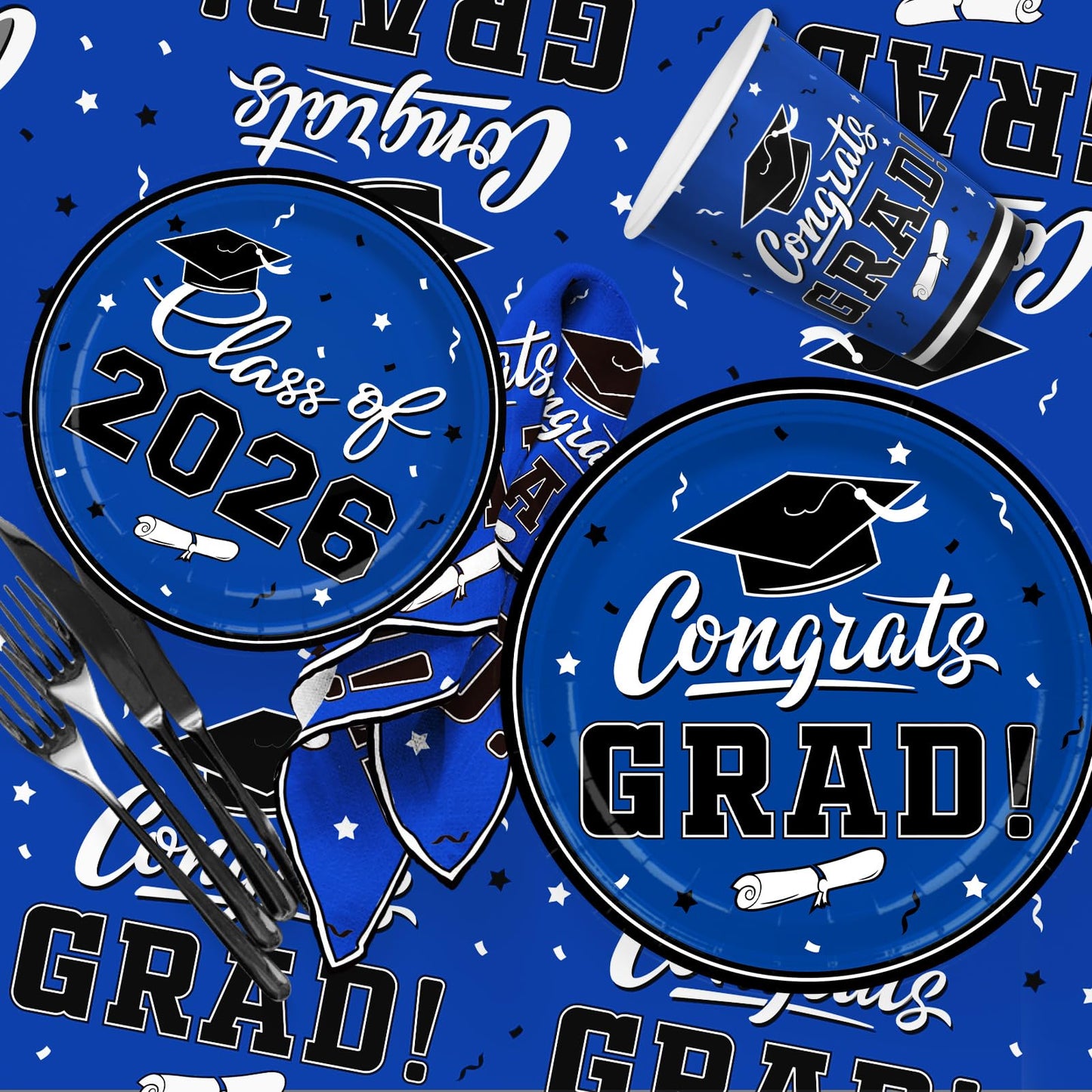Graduation decorations class of 2026 Gatherfun Congrats Grad Party Dinnerware Set Blue Disposable Paper Plates Napkins Cups Tablecloth Banner for Gatherfun Decorations 2026 deals , Serve 25