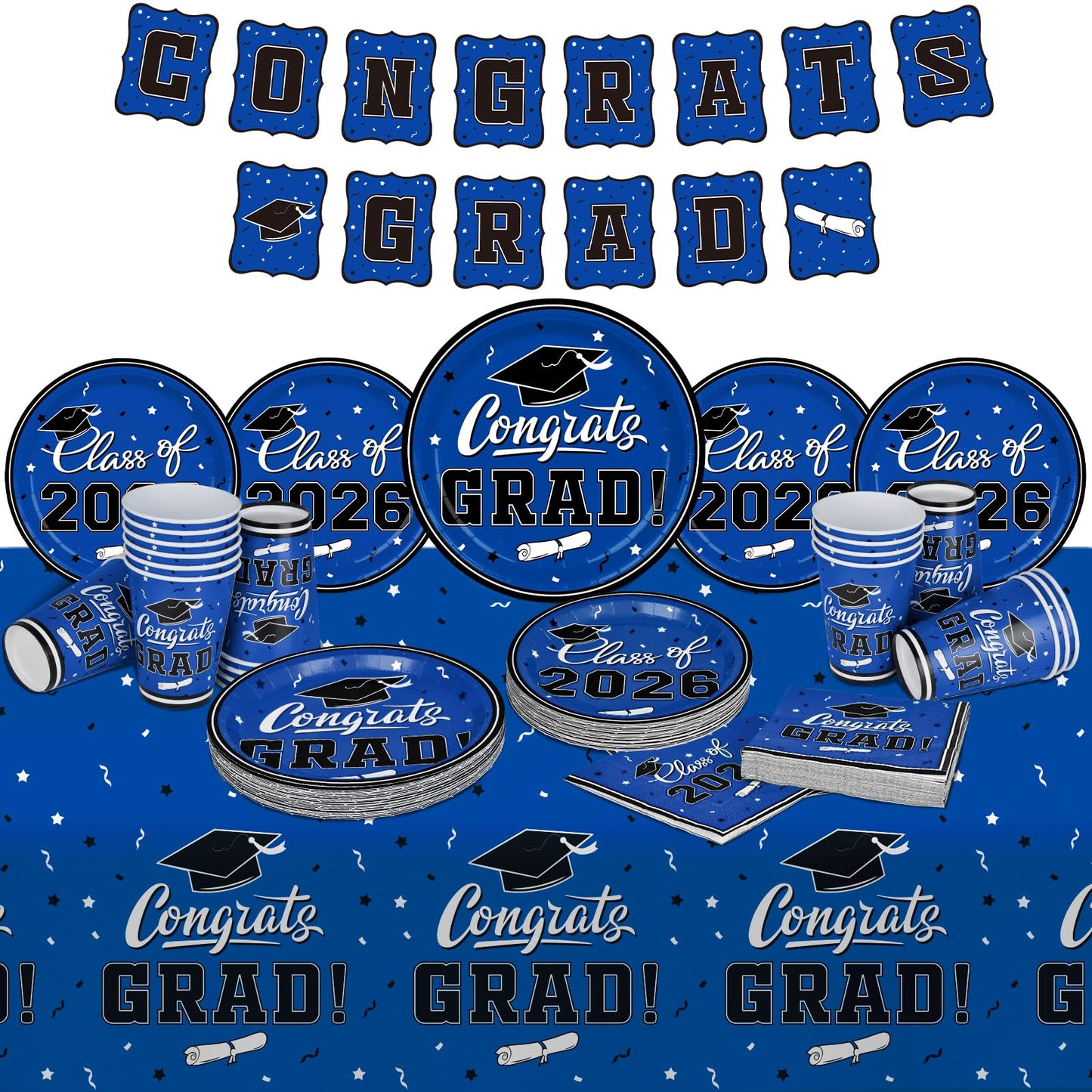 Graduation decorations class of 2026 Gatherfun Congrats Grad Party Dinnerware Set Blue Disposable Paper Plates Napkins Cups Tablecloth Banner for Gatherfun Decorations 2026 deals , Serve 25