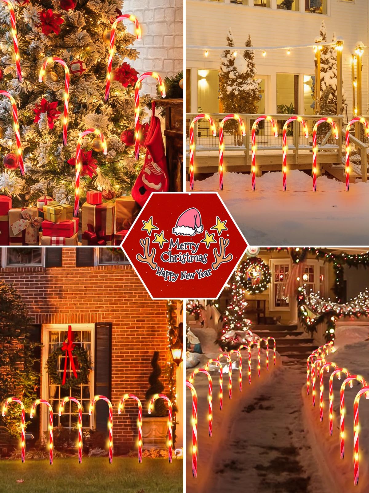 Upgraded 24 Pack Candy Cane Solar Christmas Lights Waterproof, Rechargeable Pathway Lights with Remote, Solar Powered & USB Charging Christmas Decorations Outdoor for Garden Lawn Yard Party