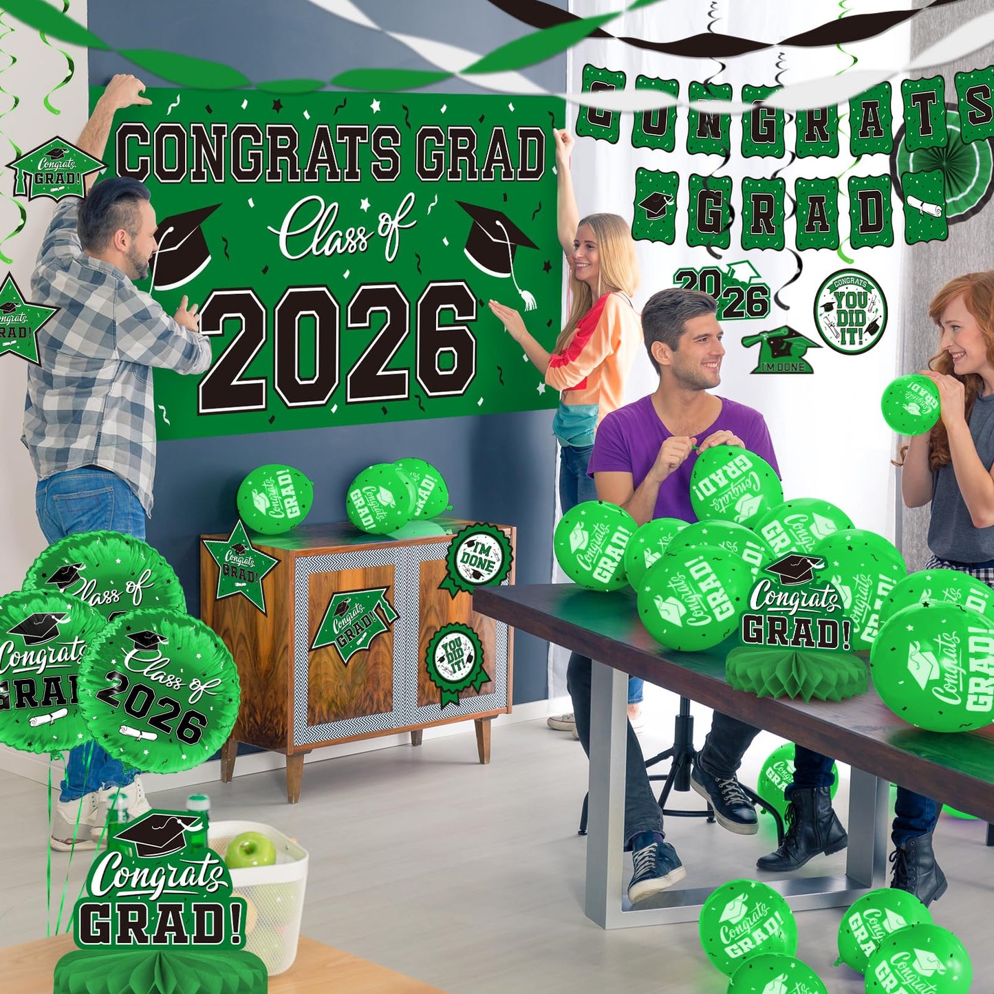 Green Themed 2026 Graduation Decorations Set - Congrats Grad Banner, Class of 2026 Backdrop, Balloons & Streamers Kit - Complete Party Supplies for High School & College Celebrations