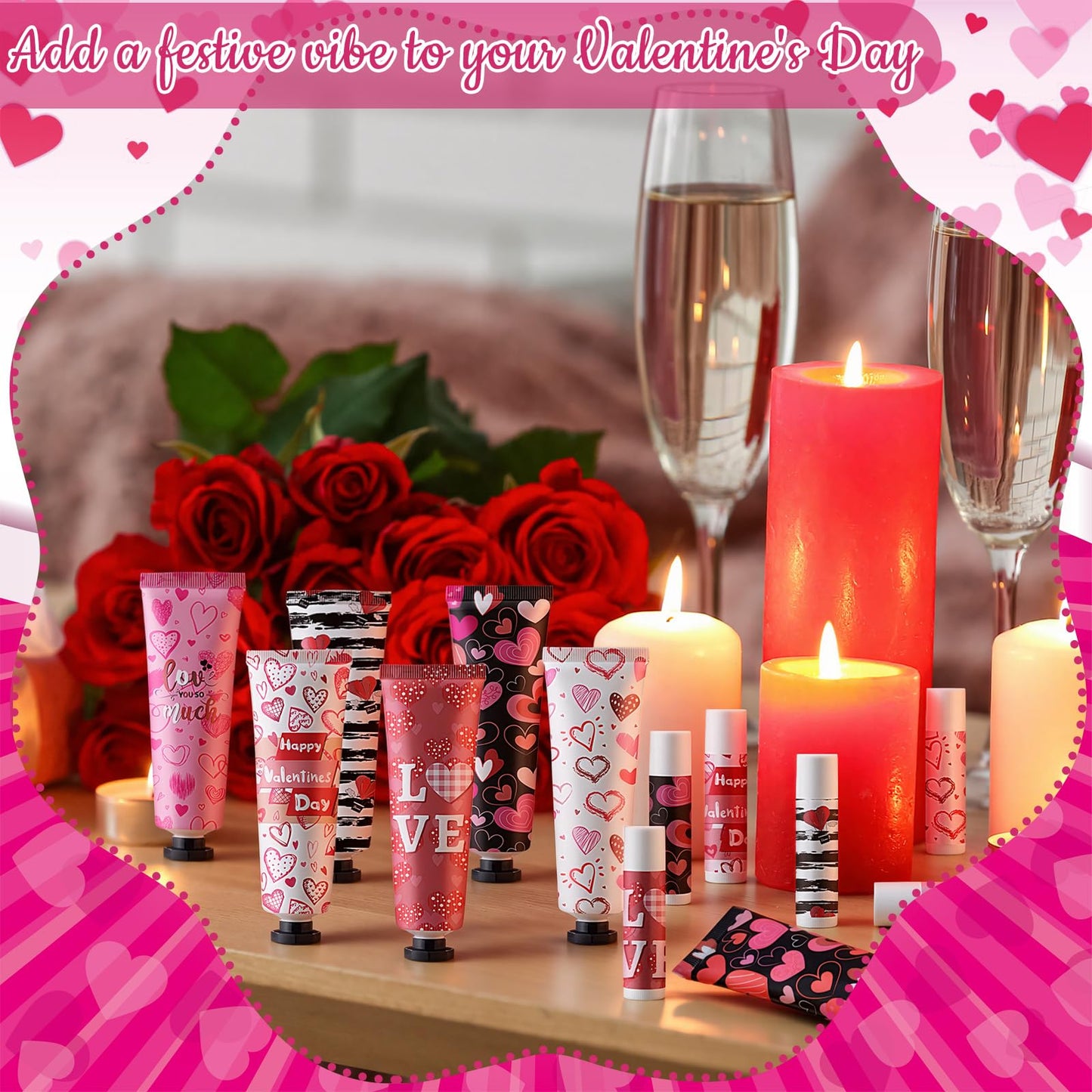 12 Sets Valentine‘s Day Hand Cream Lip Balm Bulk Gifts Galentine's Day Gift Valentine Party Favor Love Heart Travel Size Moisturizing Hand Lotion for Women Coworker Teacher Nurse, 30 ml