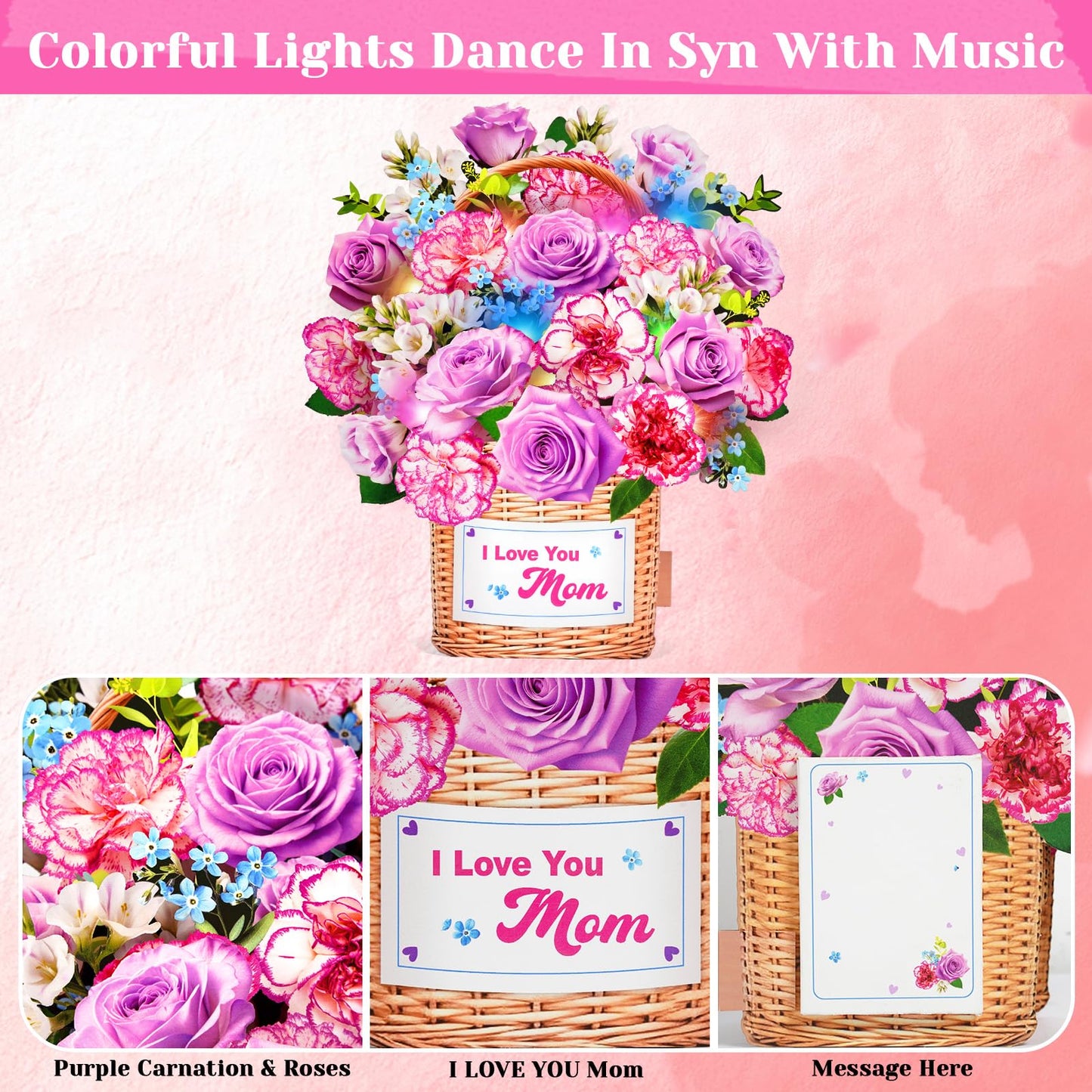 MZD8391 Mothers Day Card With Music & Lights, 3D Pop Up Mothers Day Gifts, Carnation & Rose, 10 Inch Life Sized Forever Flower Bouquet Birthday Card for Mom Wife Women Her