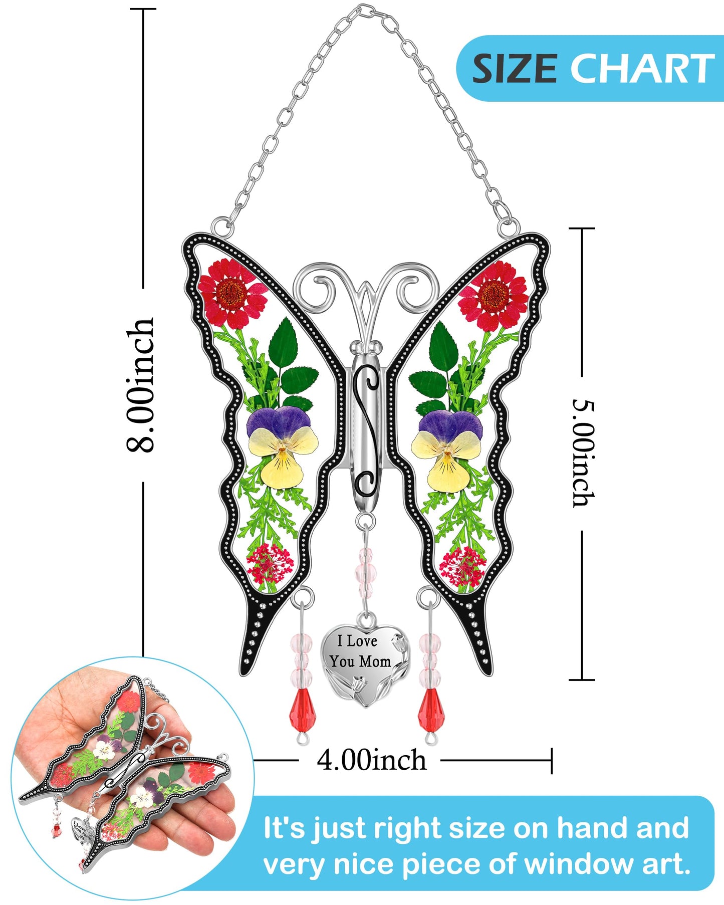 KY&BOSAM Gifts for Mom Butterfly Suncatcher I Love You Mom Stained Glass Sun Catcher Hanging for Window Wind Chime Pressed Dried Flowers Engraved and Metal Charm Mothers Day Valentine's Birthday Decor