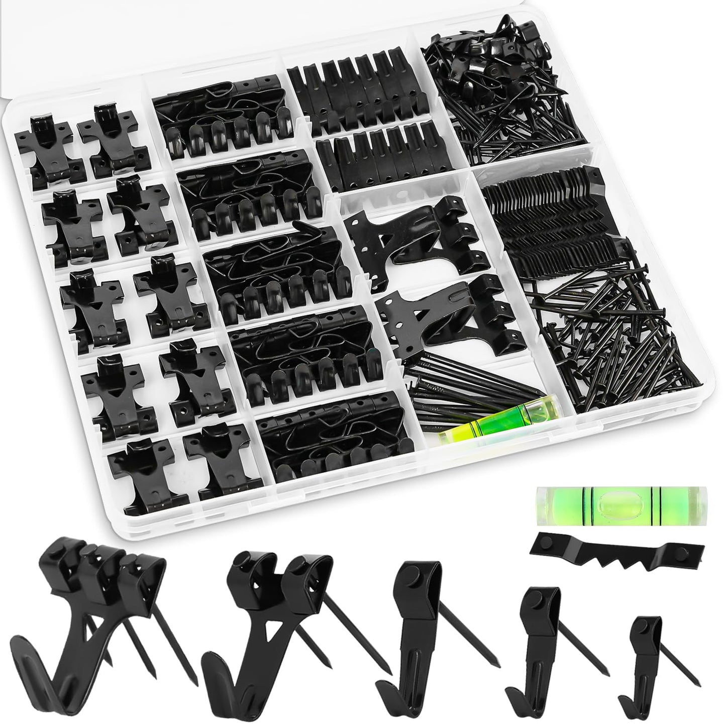 385Pcs Picture Hanging Kit with Heavy Duty Picture Hanging Hooks, Sawtooth, Hardware Nails and Picture Hanging Tool, Wall Hangers for Frame, Painting, Art, Photo (Black)