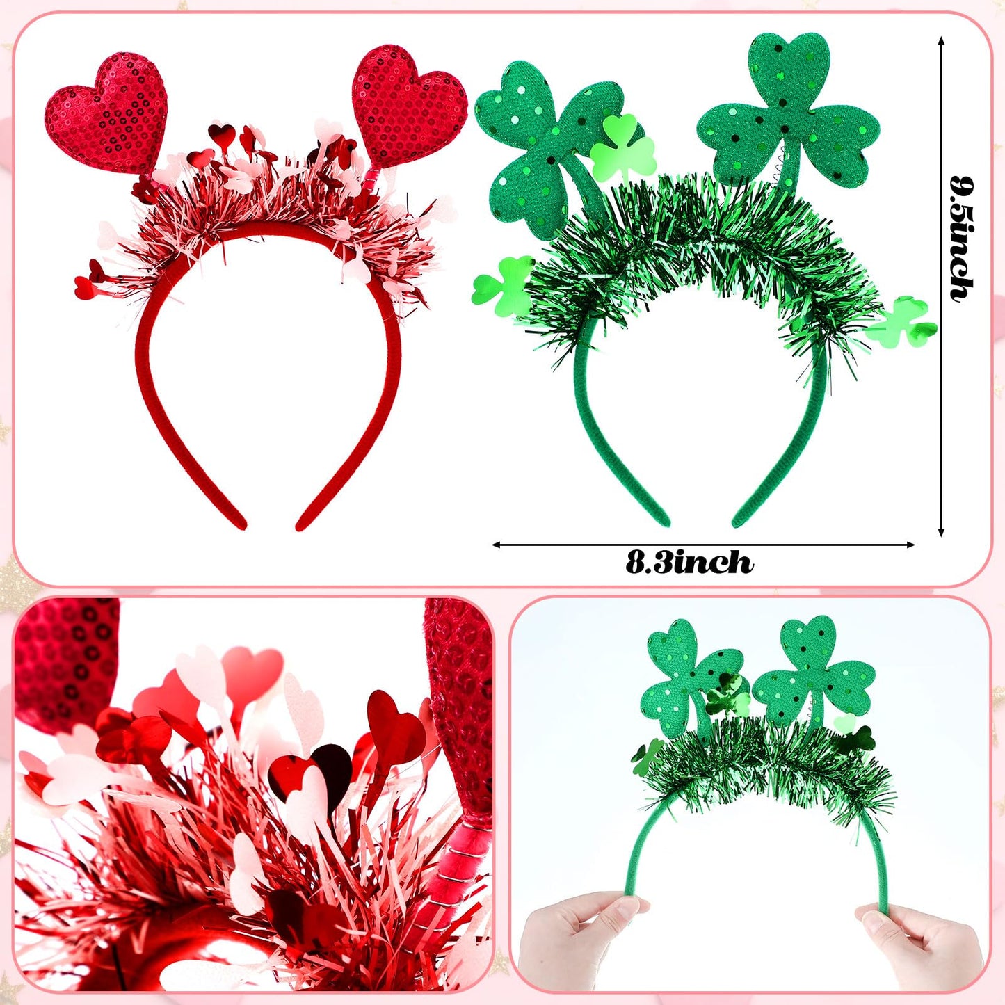 2 Pcs Valentine's Day St. Patrick's Day Headbands Set Sequin Heart and Green Clover Glittery Hair Accessories for Women Men Party Gift Decoration