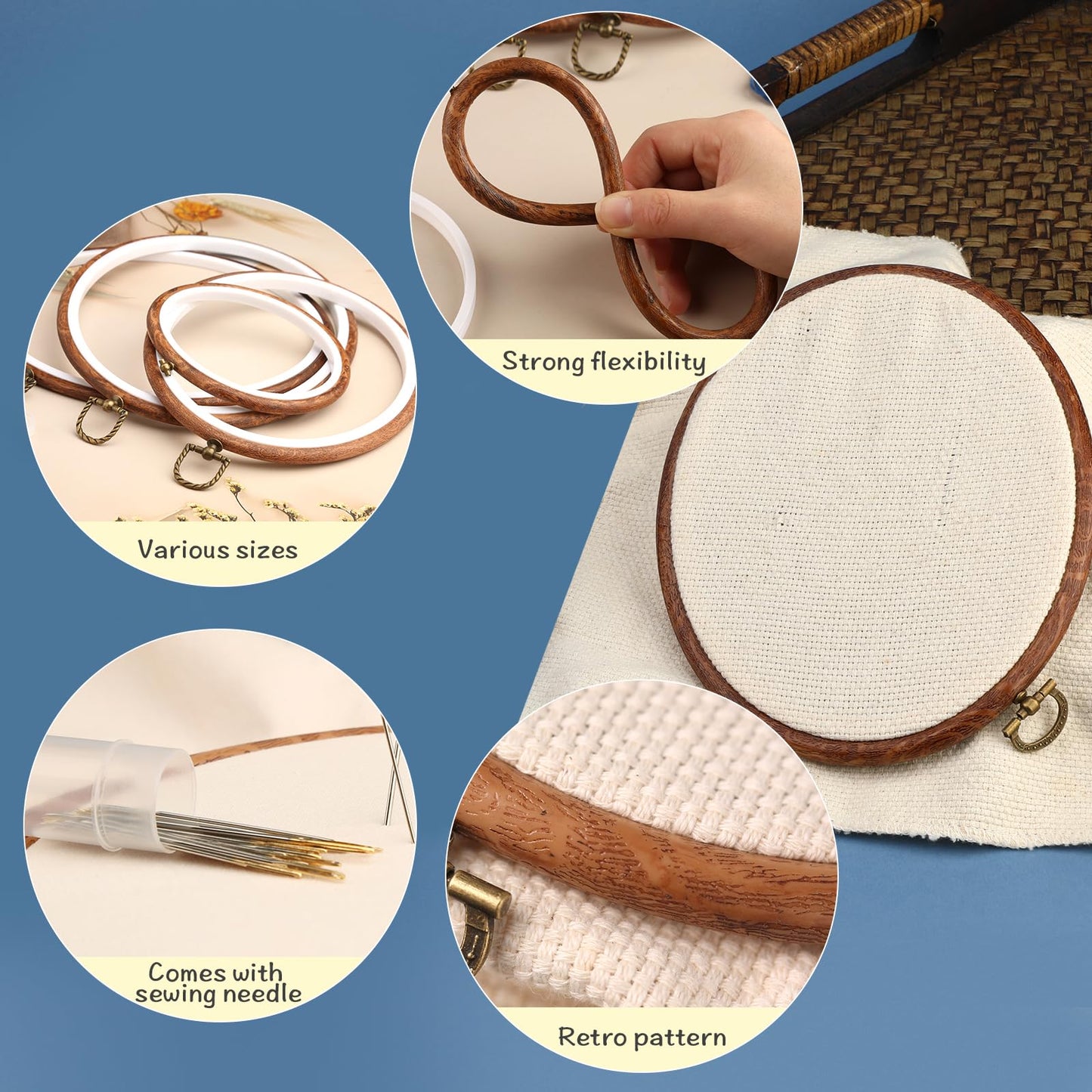 4 Pack Embroidery Hoop Ring, Imitated Wood Display Frame Circle and Oval Embroidery Kits with 30 Pieces Large Eye Embroidery Needles, Quilting Hoop and Cross Stitch Supplies for Sewing and Wall Hang