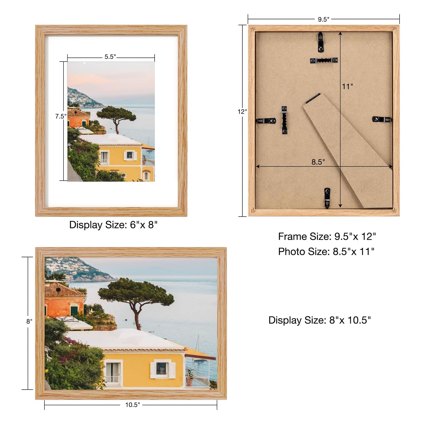 Diploma Frame For 8.5x11 Certificate Document | Solid Oak Wood 8.5 By 11 Picture With Mat For 6x8 | 8 1/2 x 11 Certificate Frame | Plexiglass And Hanging Hardware Included | Natural