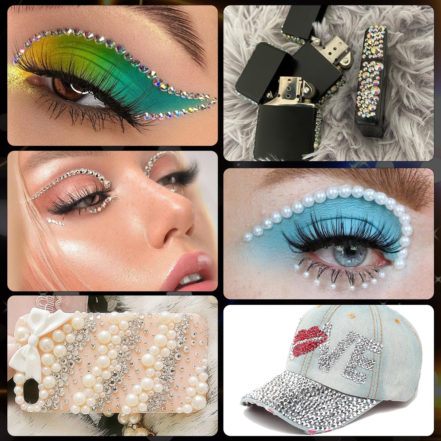 Rhinestones for Nails & Pearls, Manicure Kit with Nail Rhinestone Glue Gel, Flatback Glass Crystal AB + Clear Gems, White & Beige Half Round Pearls, Gem Glue for Nails (UV/LED Needed) with Tools