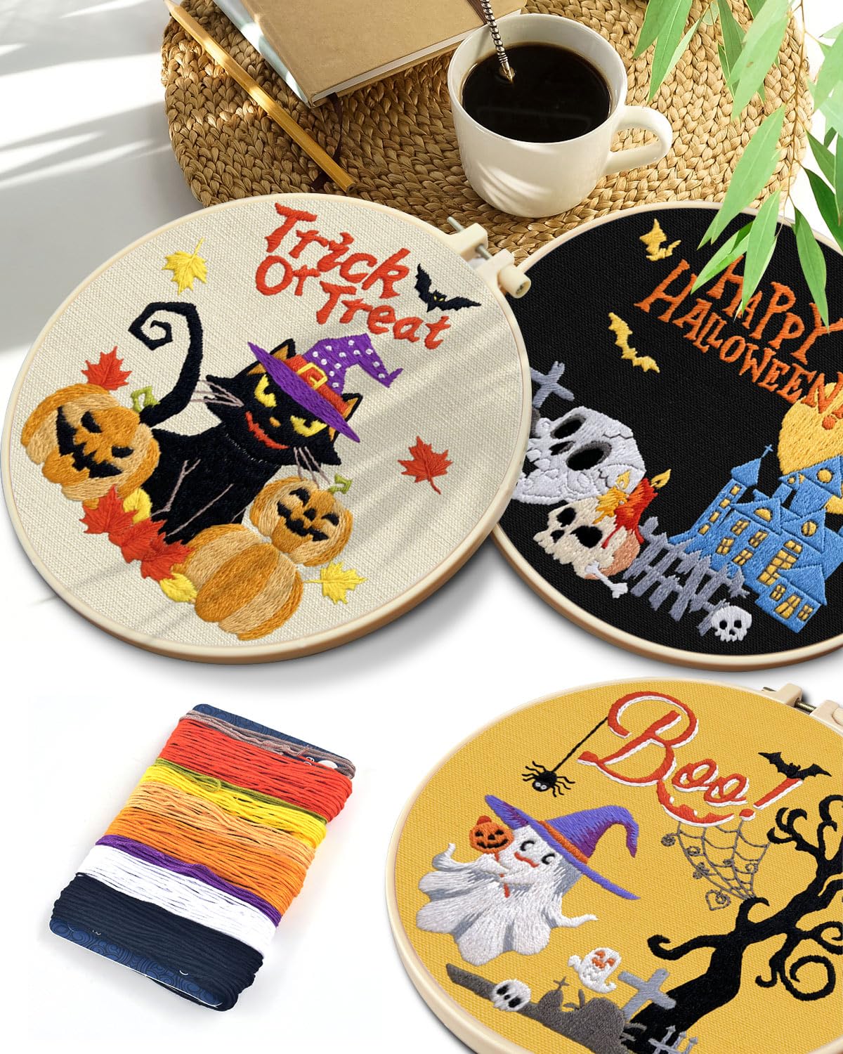 TINDTOP Halloween Embroidery Kit for Adult Beginners, 3 Sets Embroidery Stitch Practice kit Include Embroidery Cloth Hoops Threads for Craft Lover Hand Stitch