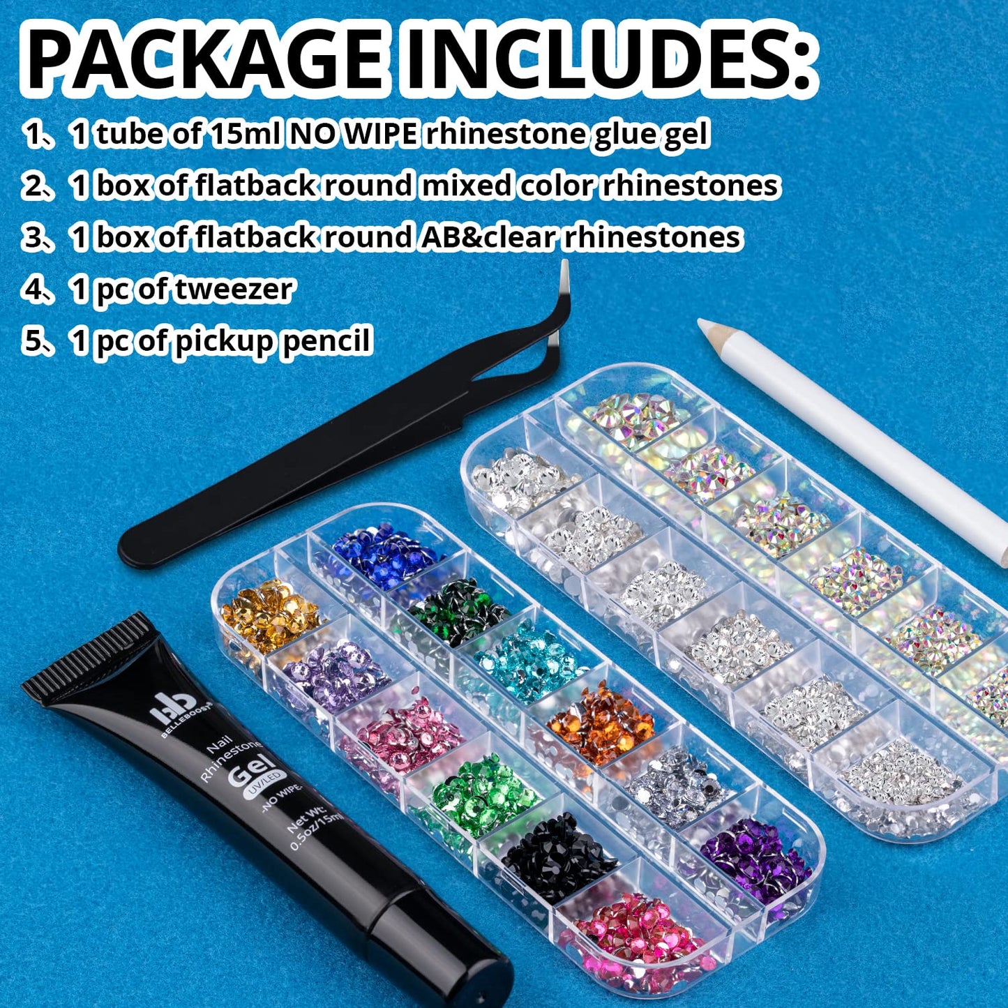 Nail Art Rhinestone Glue Kit - 1 Tube of 15ml Gel + Colorful Gems + Flat-back Round Glass Crystals With Pickup Tools