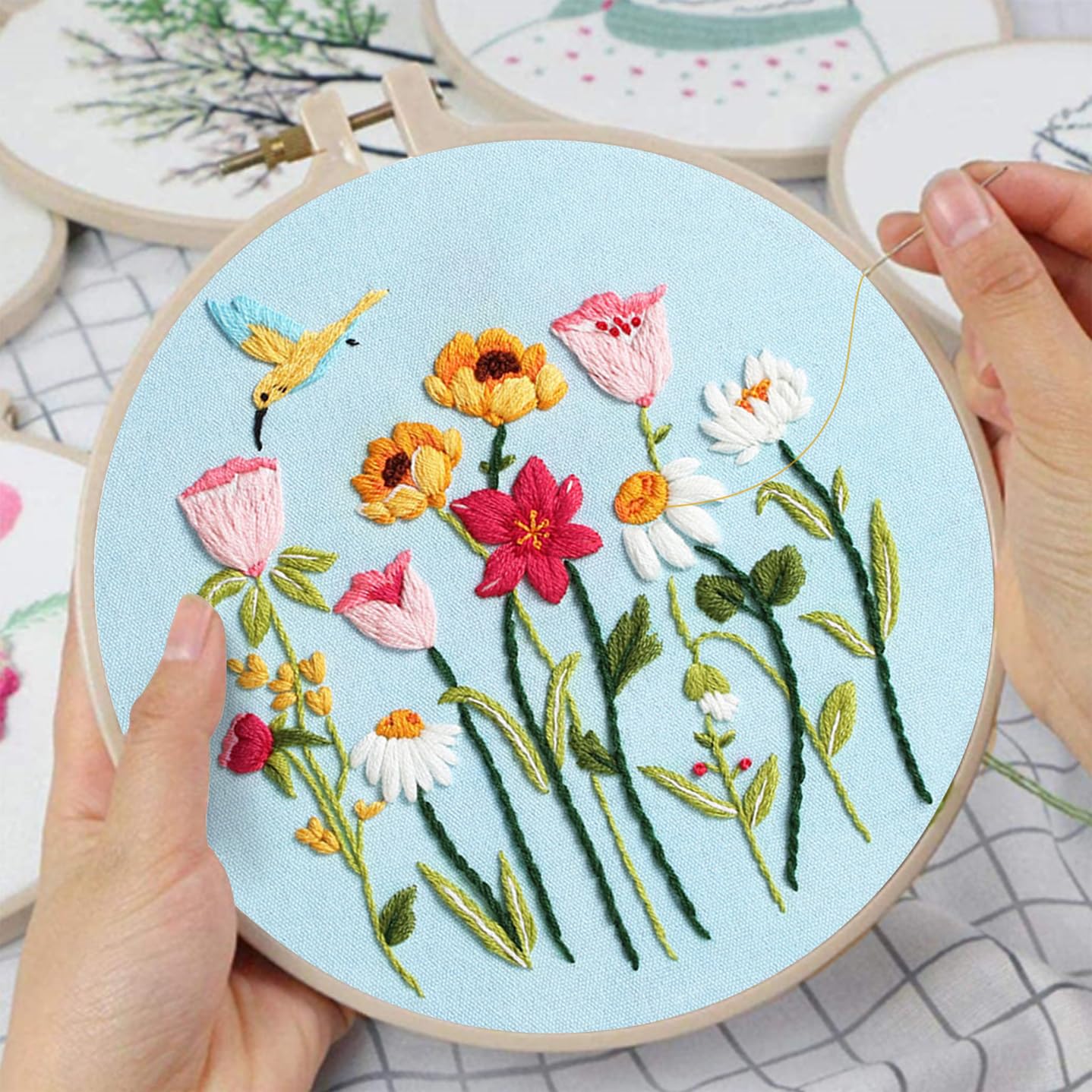 Embroidery Kit Canvas Tote Bag for Beginners,Cross Stitch Kits for Adults,DIY Crafts Needlepoint Include Hummingbird Floral Pattern,Women Shopping Reusable Grocery Bags