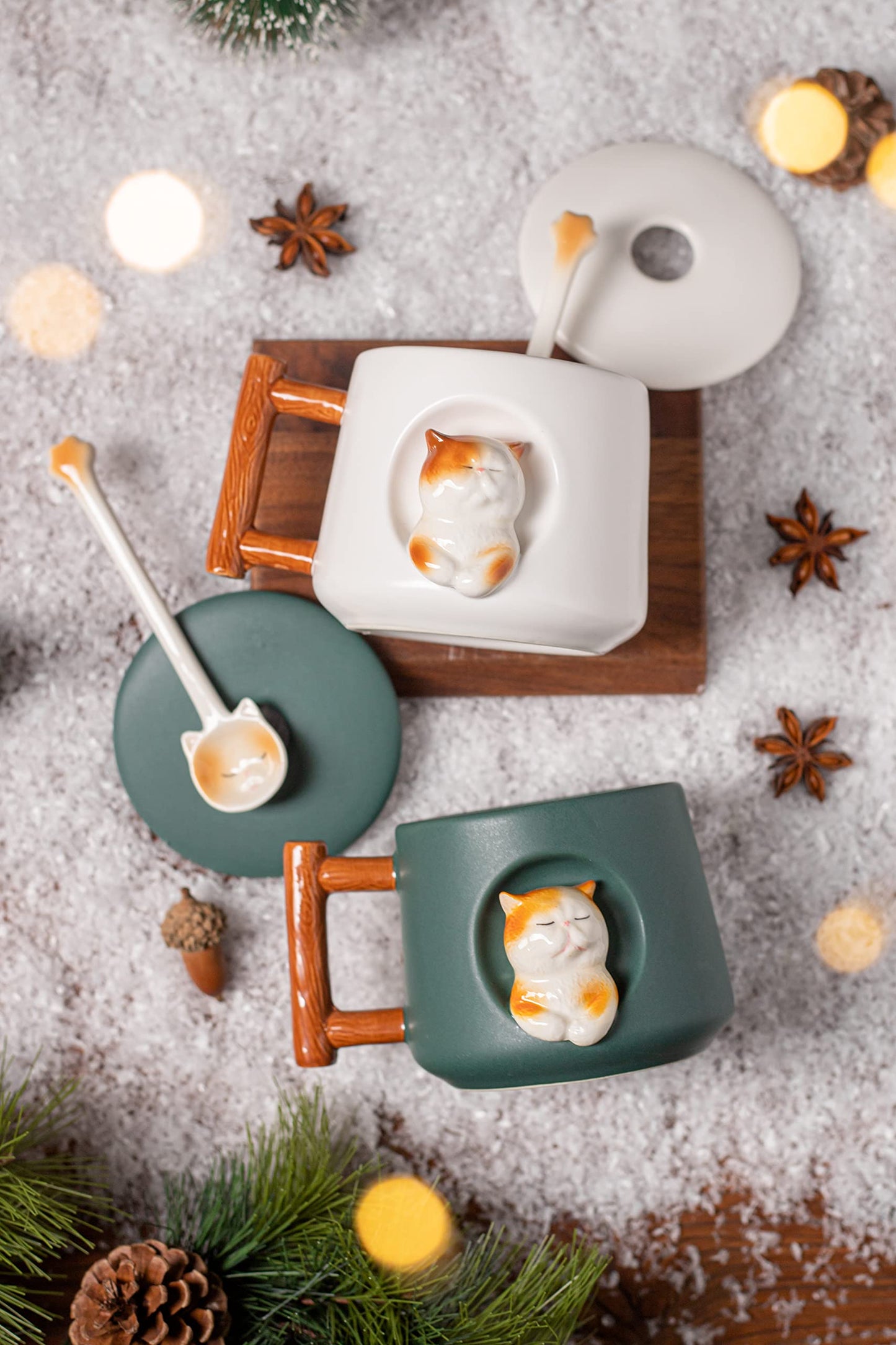 Adorable 3D Ceramic Cat Mug with Lid and Spoon - Perfect for Coffee, Tea, Milk, and More - Ideal Gift for Animal Lovers - 14 Ounces (Green)