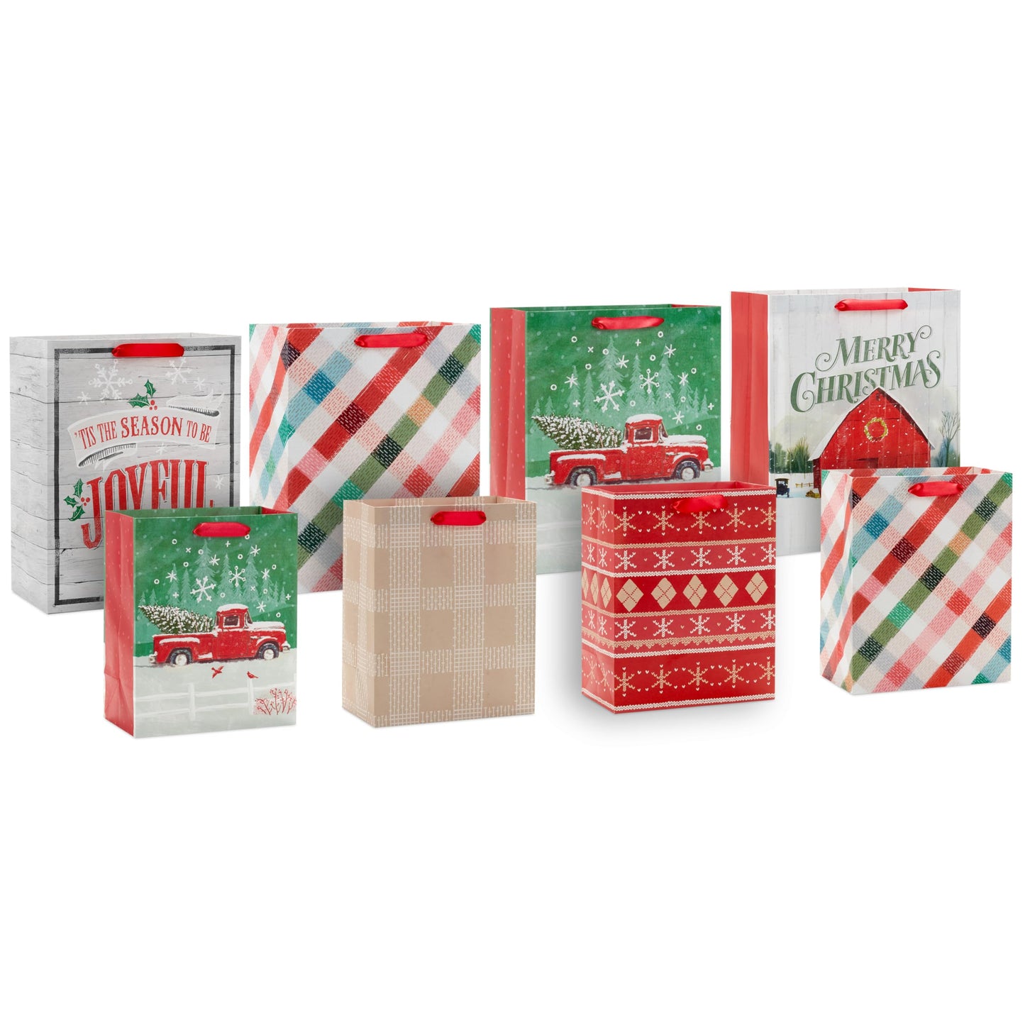 Rustic Bag Assortment (8 Bags: 4 Medium 9", 4 Large 13") Snowy Red Barn, Red Truck, Plaid, Painted Wood Sign
