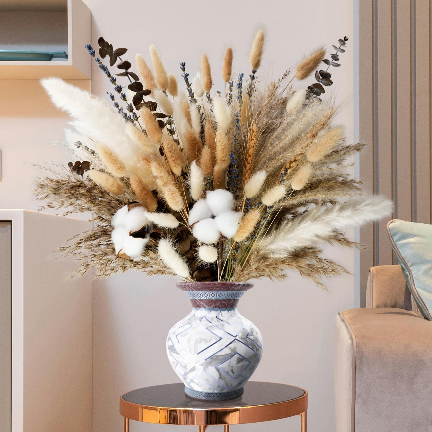 Natural Dried Flower Bouquet - Pampas Grass, Cotton Stems, Bunny Tails, Eucalyptus, Lavender & Wheat - Rustic Boho Decor for Home, Fall Decorations for Home, Wedding, or Gift