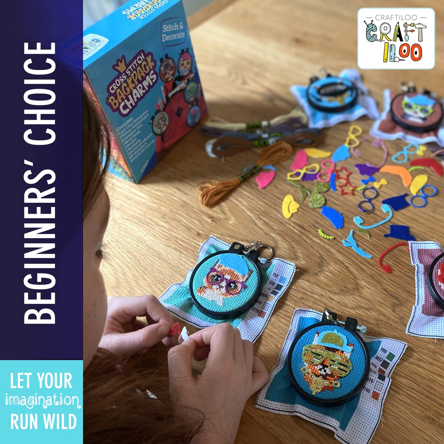 CRAFTILOO Cats Cross Stitch Kits for Beginners. 5 Stamped Cross Stitch Kits for Kids.Needlepoint Kits for Beginners. Embroidery Kit for Kids. Girls Cross Stitch kit (Cats)